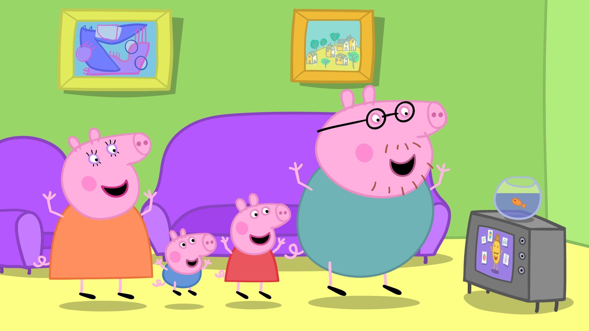 Peppa Pig, Daddy Pig, Mummy Pig, George Pig, Goldie the Fish, HD Desktop wallpaper