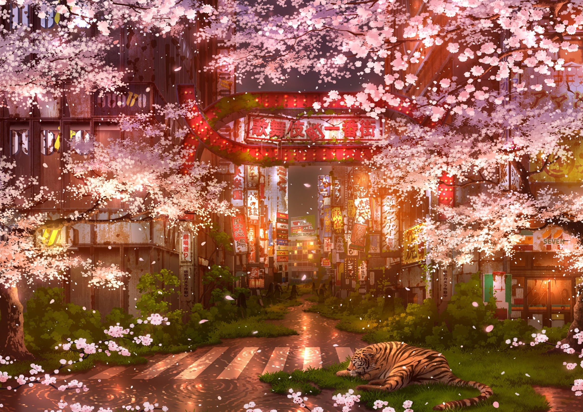 Kabukicho Ichiban-gai neon gate, Resting tiger on grass, Blooming cherry blossom trees, HD Desktop wallpaper