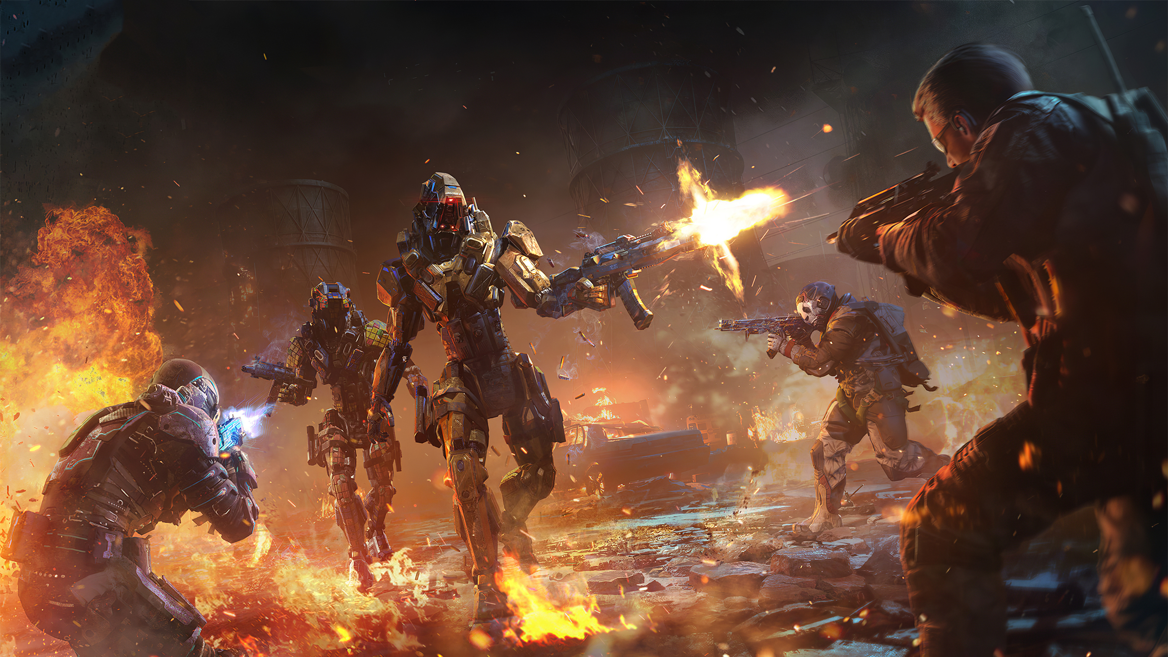 Reaper robot specialist, Futuristic combat soldiers, Battlefield explosion and fire, 4K Desktop wallpaper