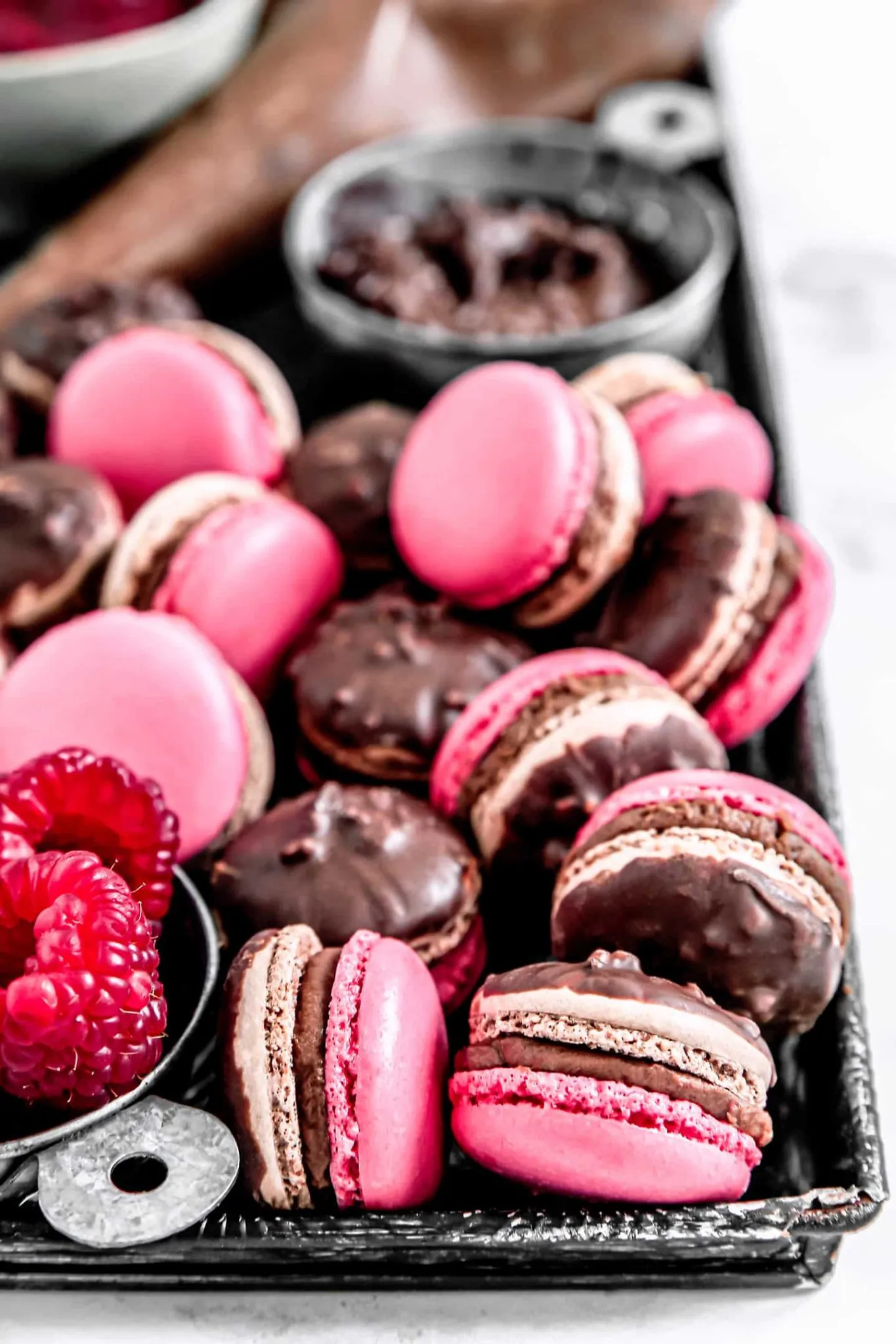 Chocolate raspberry macarons, Sweet and tangy filling, Delectable dessert recipe, Decadent treat, 1370x2050 HD Phone