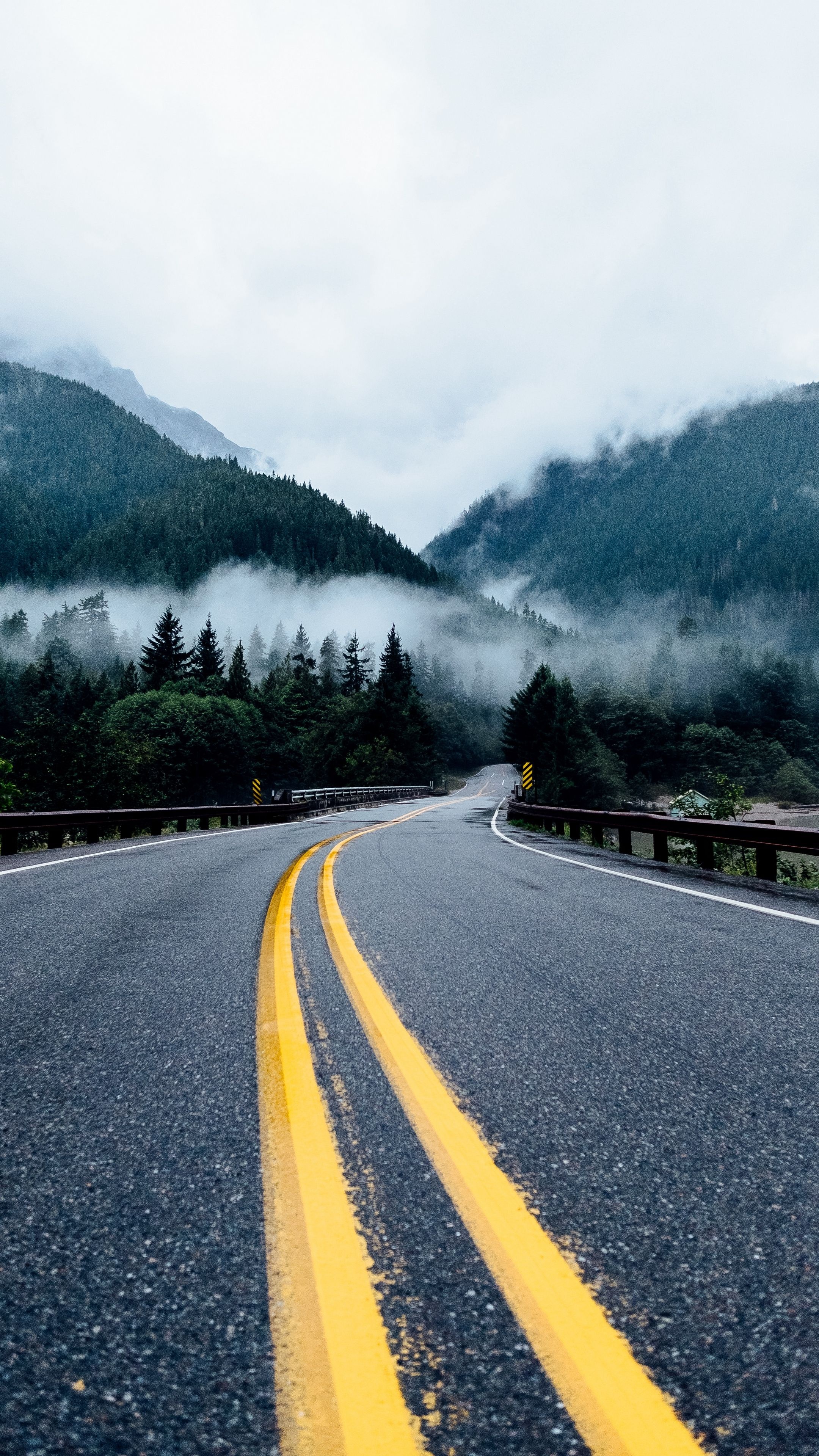 two-lane asphalt mountain highway, foggy evergreen forested mountains, double yellow center lines, 4K Phone wallpaper