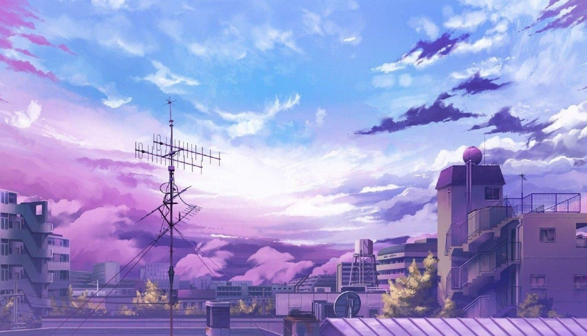 rooftop TV antenna, urban anime rooftops, purple twilight sky, HD Desktop wallpaper