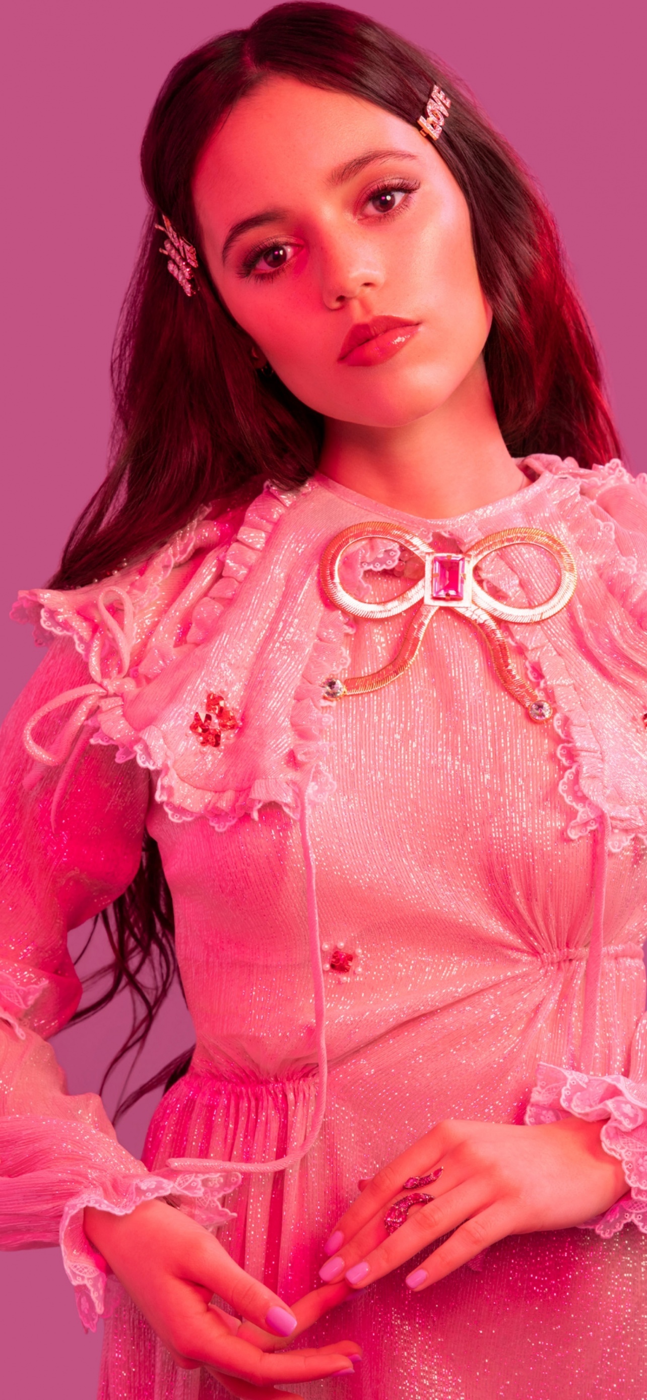 Jenna Ortega, pink ruffled dress, LOVE hair clip, HD Phone wallpaper