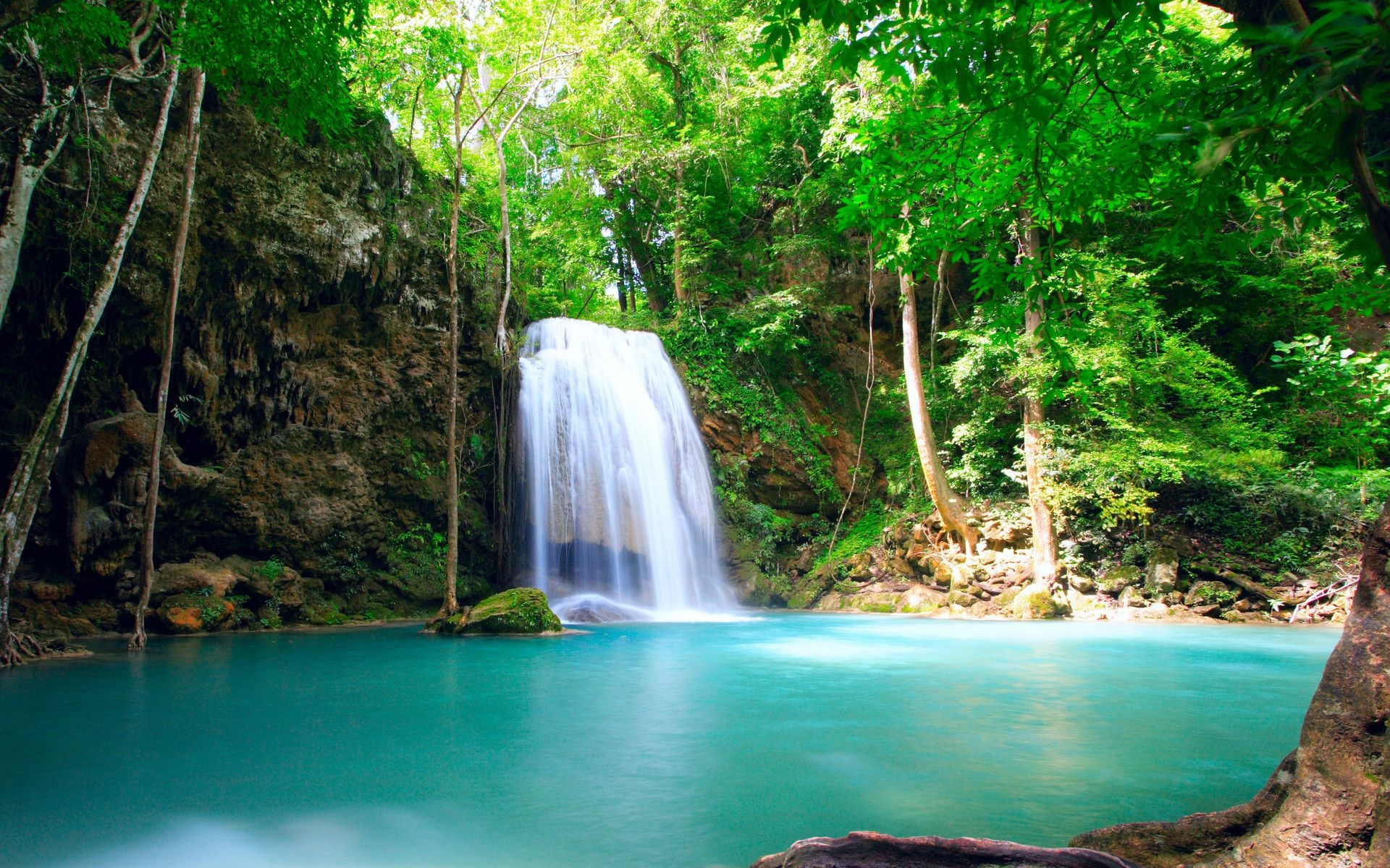 Erawan Waterfall, turquoise plunge pool, tropical rainforest canopy, HD Desktop wallpaper