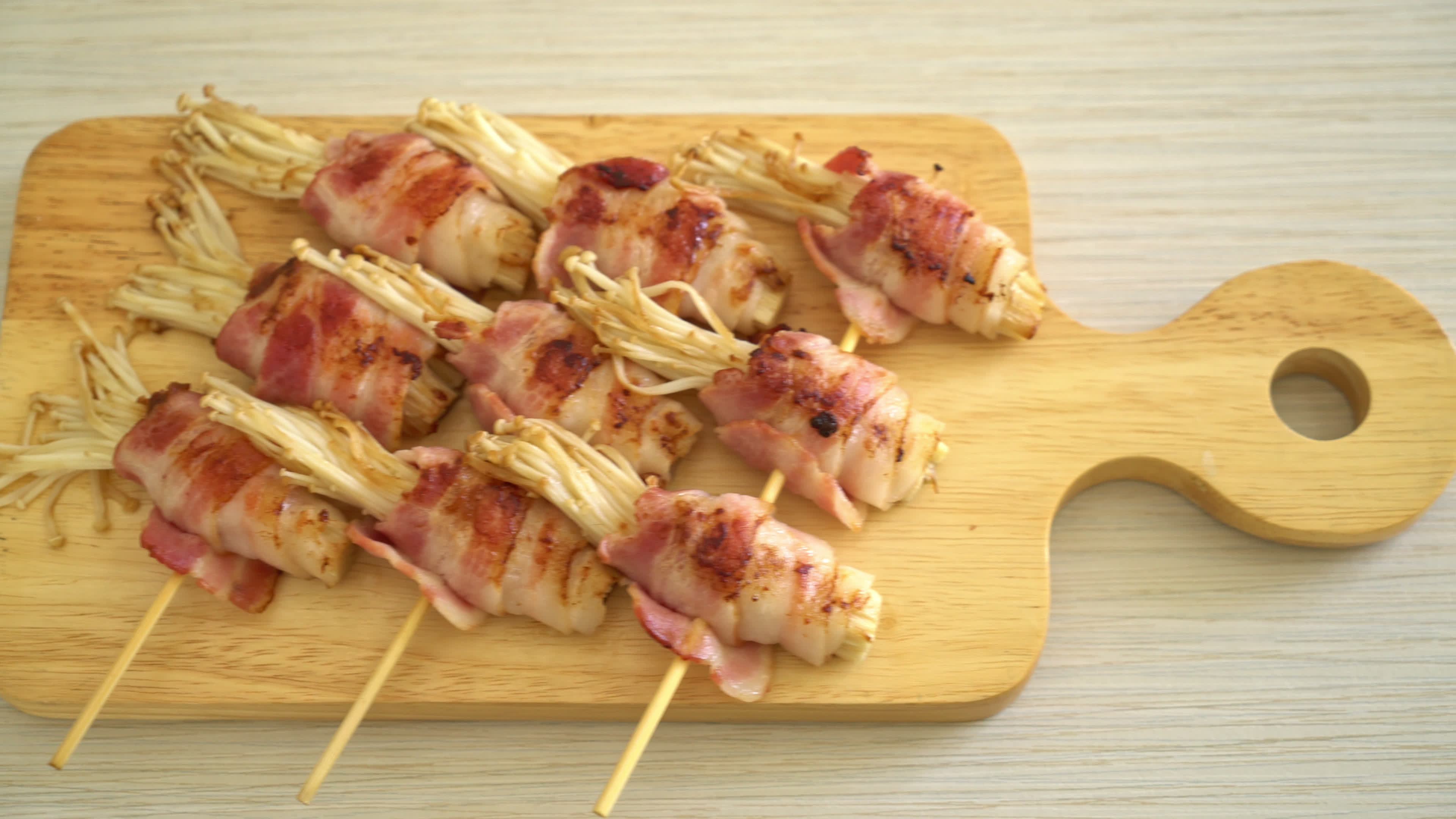 Grilled bacon wrap, Enoki mushroom skewer, Finger food, Outdoor cooking, 3840x2160 4K Desktop