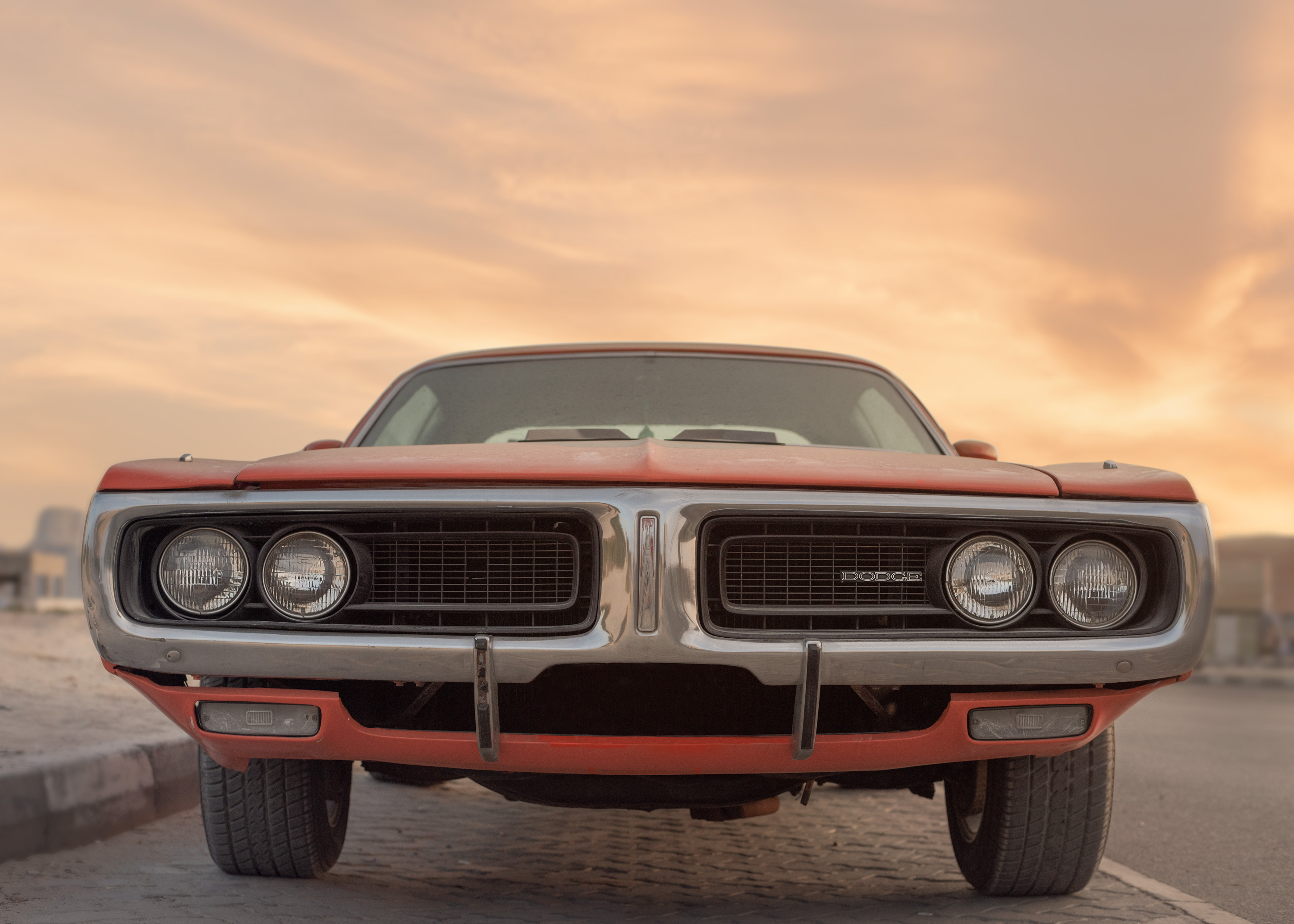 1971 Dodge Charger, Dodge front grille, sunset sky, HD Desktop wallpaper