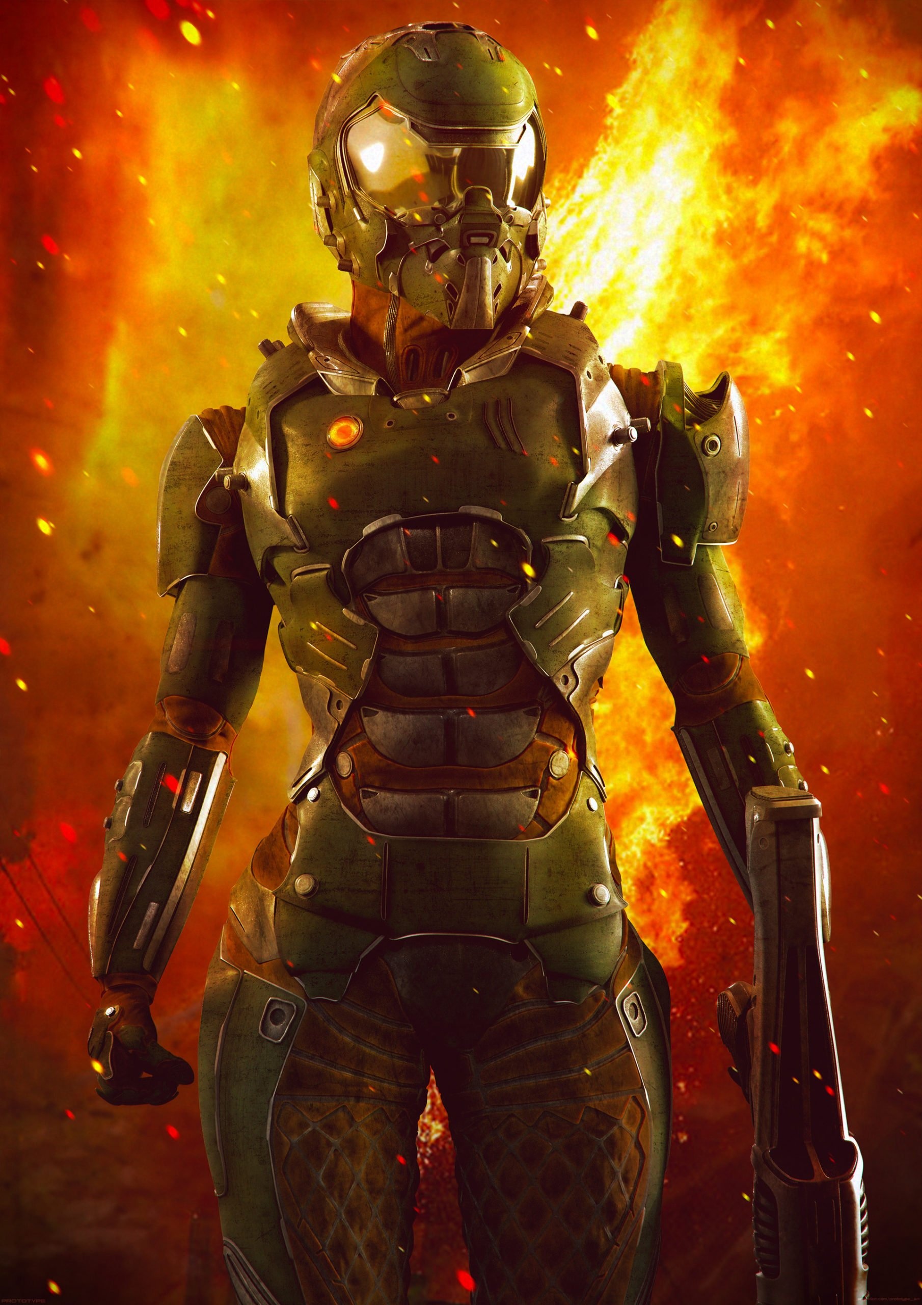 female Doom Slayer, Praetor Suit, fiery explosion, HD Phone wallpaper
