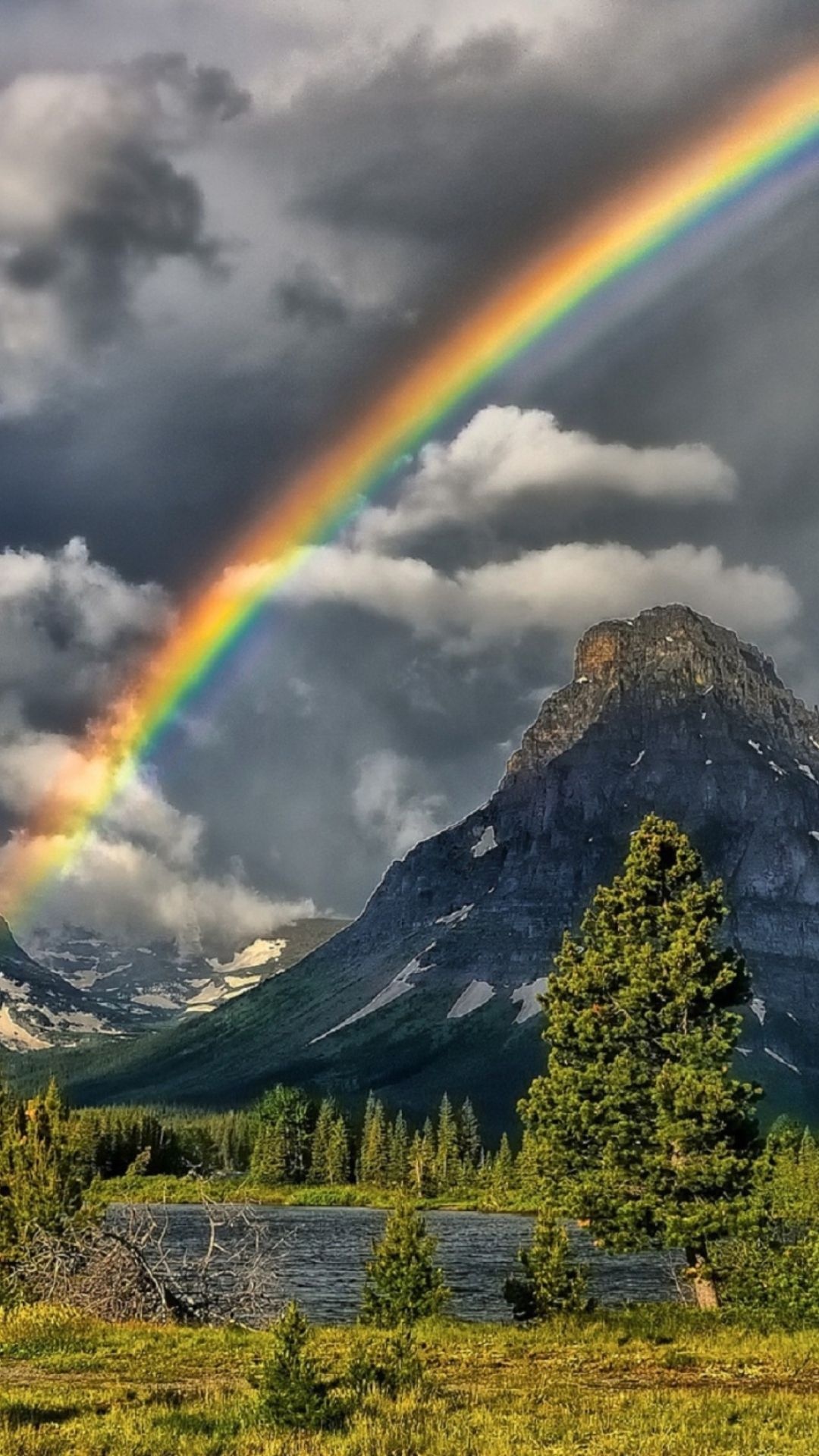 Vibrant diagonal rainbow, Clements Mountain peak, Alpine lake and forest, Full HD Phone wallpaper