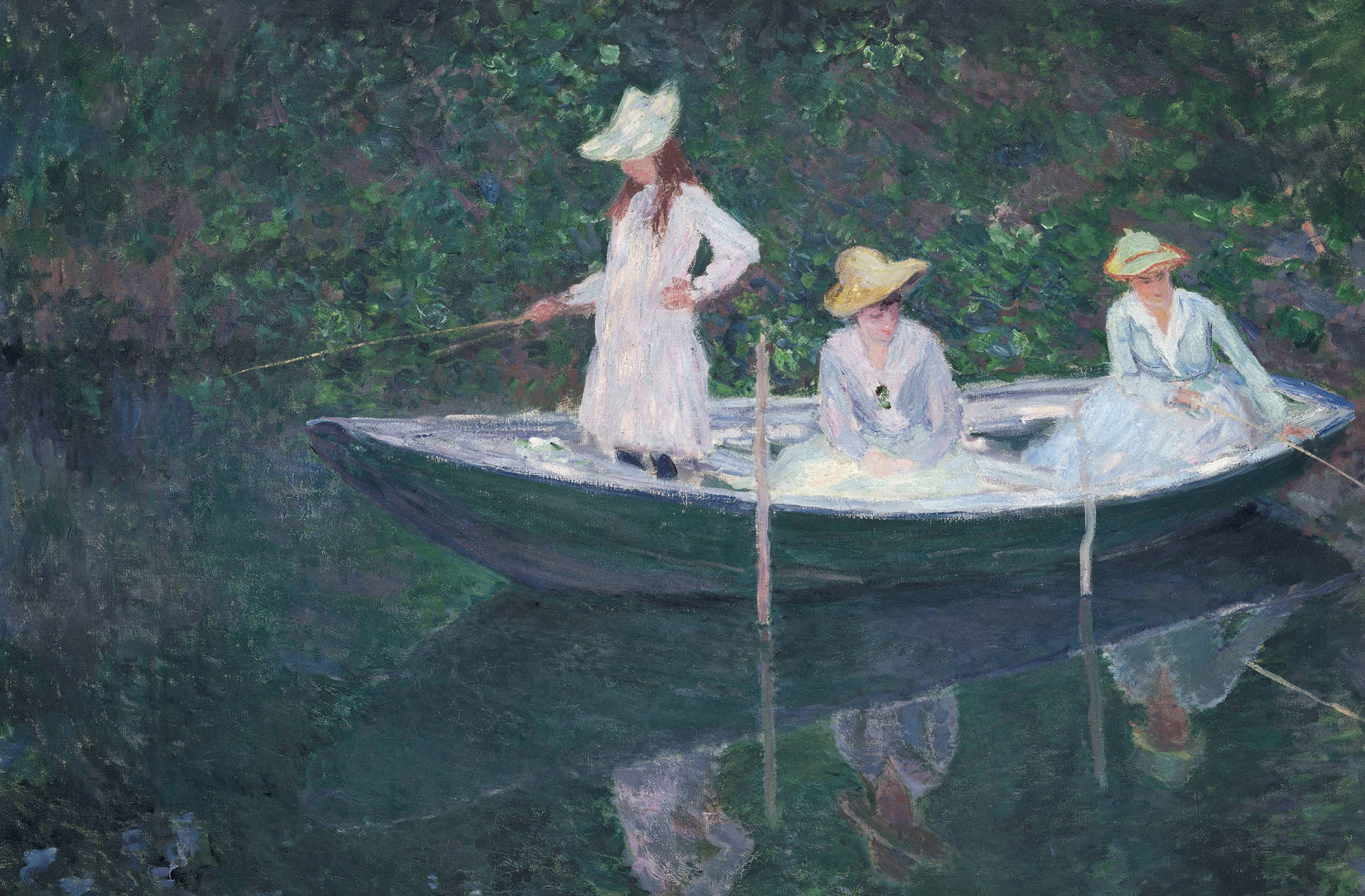 In the Norvegienne Boat, Suzanne Hoschede, green wooden rowboat, HD Desktop wallpaper