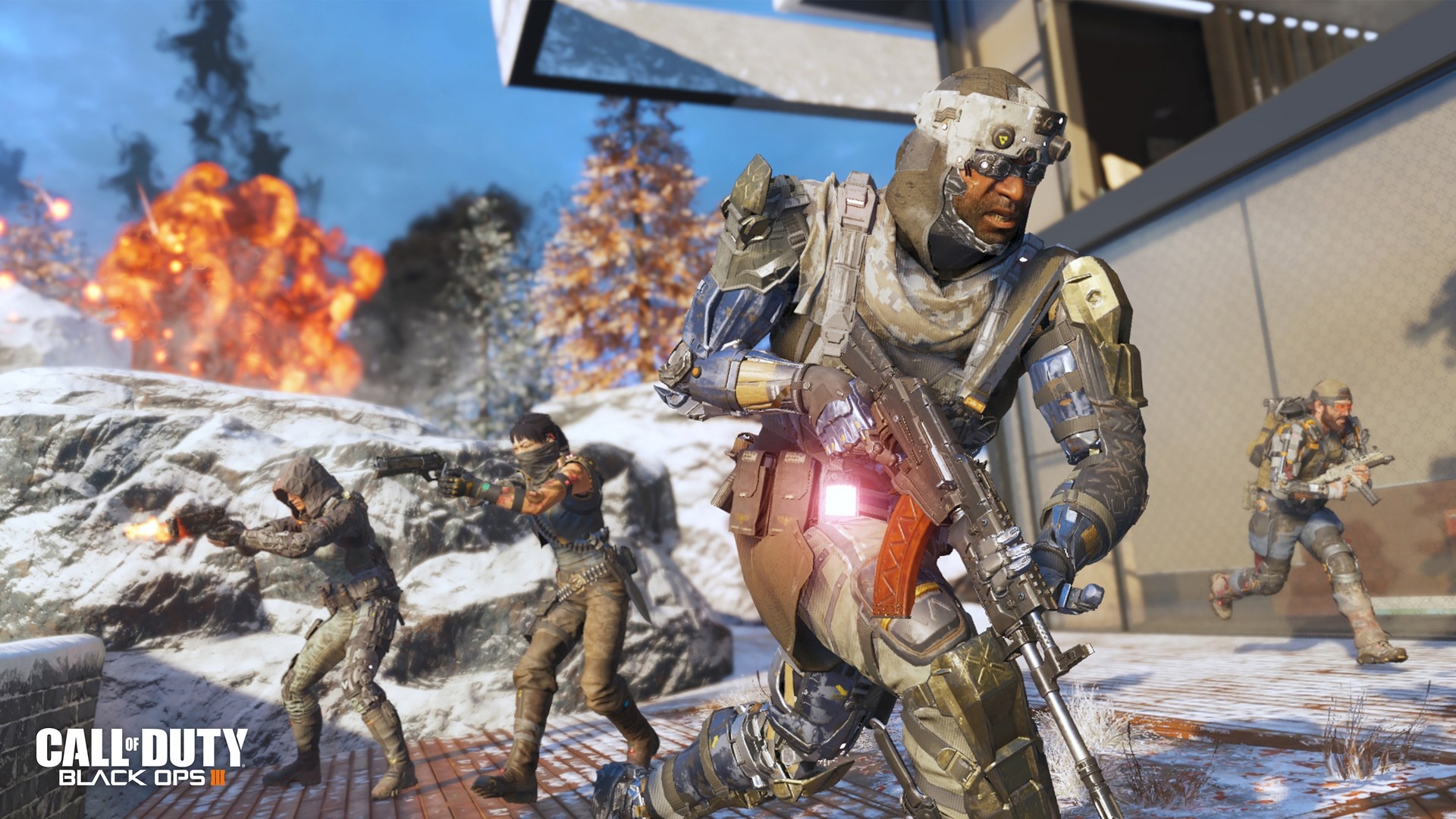 Call of Duty: Black Ops III logo, Stronghold multiplayer map, Armored Specialist soldiers, Full HD Desktop wallpaper