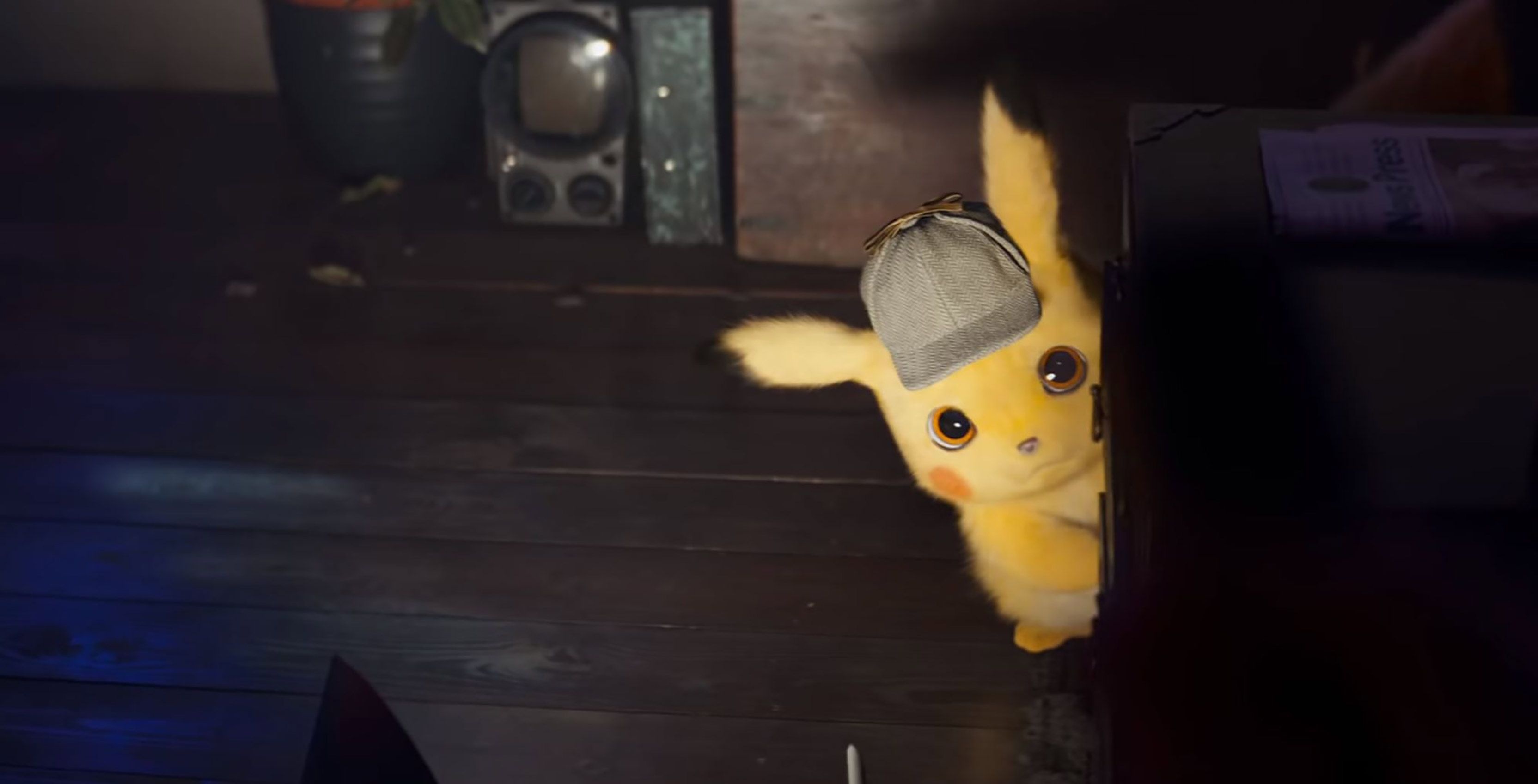 Detective Pikachu, grey deerstalker hat, dark wooden floor, HD Desktop wallpaper