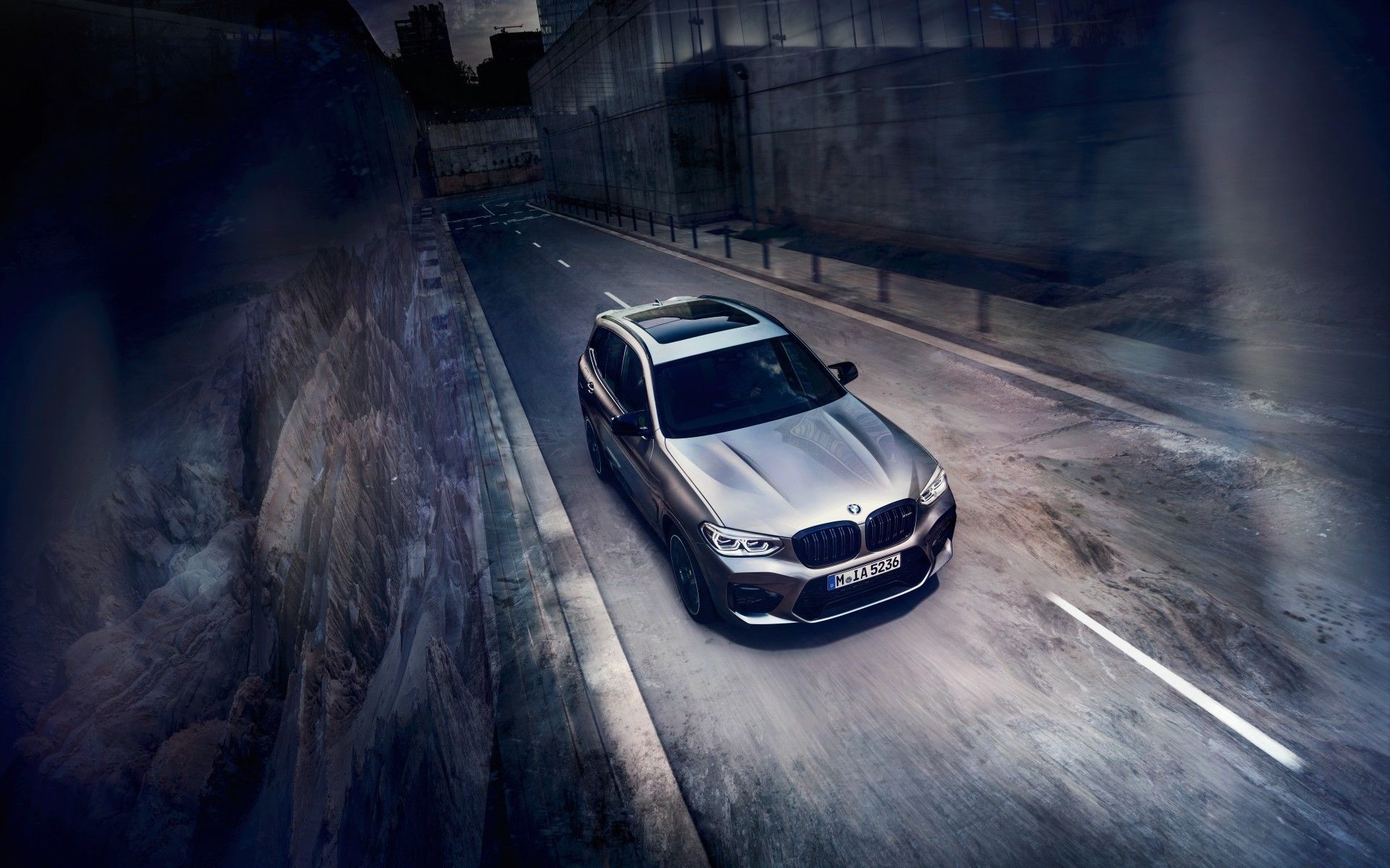 Silver BMW X3 M, Urban concrete canyon road, Motion blur driving shot, HD Desktop wallpaper