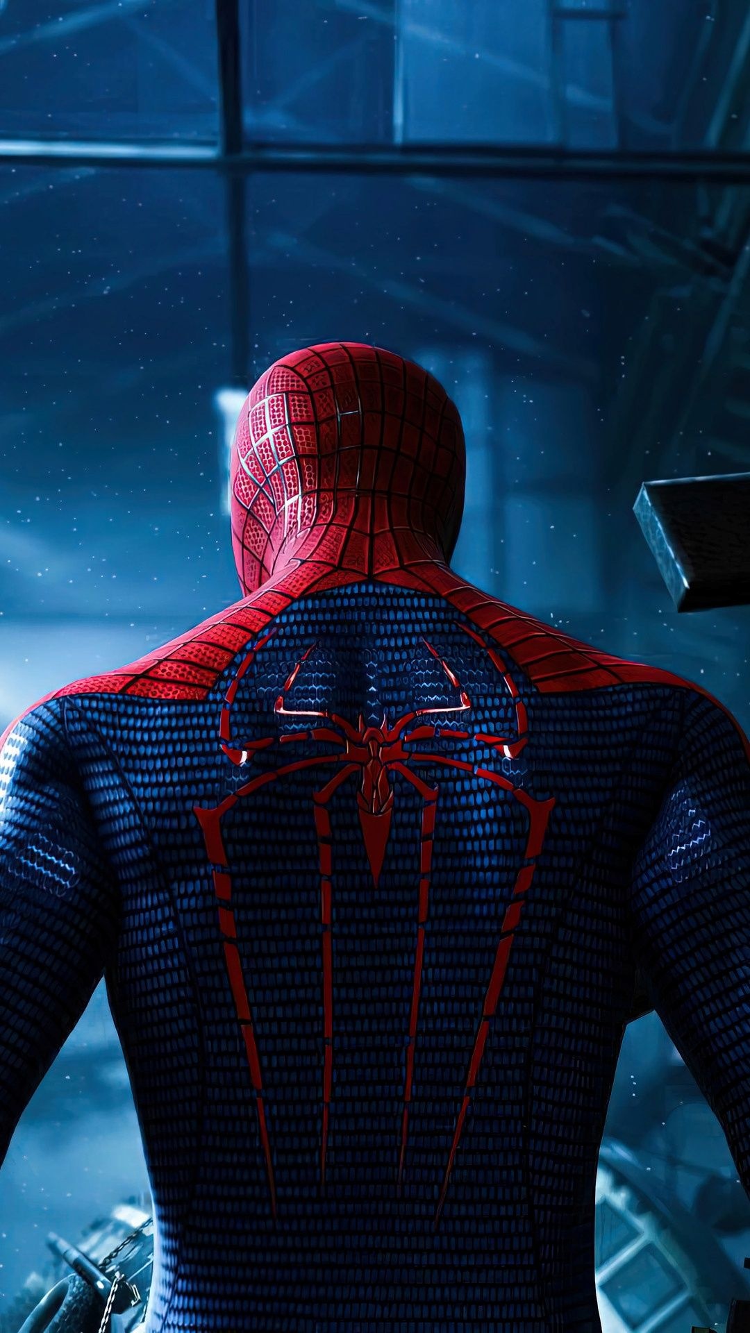 The Amazing Spider-Man suit, red spider emblem, dark industrial interior, Full HD Phone wallpaper