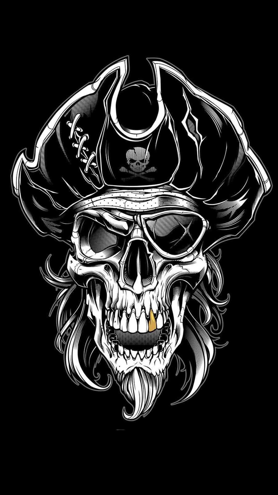 Jolly Roger tricorn emblem, Pirate skull with eyepatch, Gold tooth and moustache, Full HD Phone wallpaper