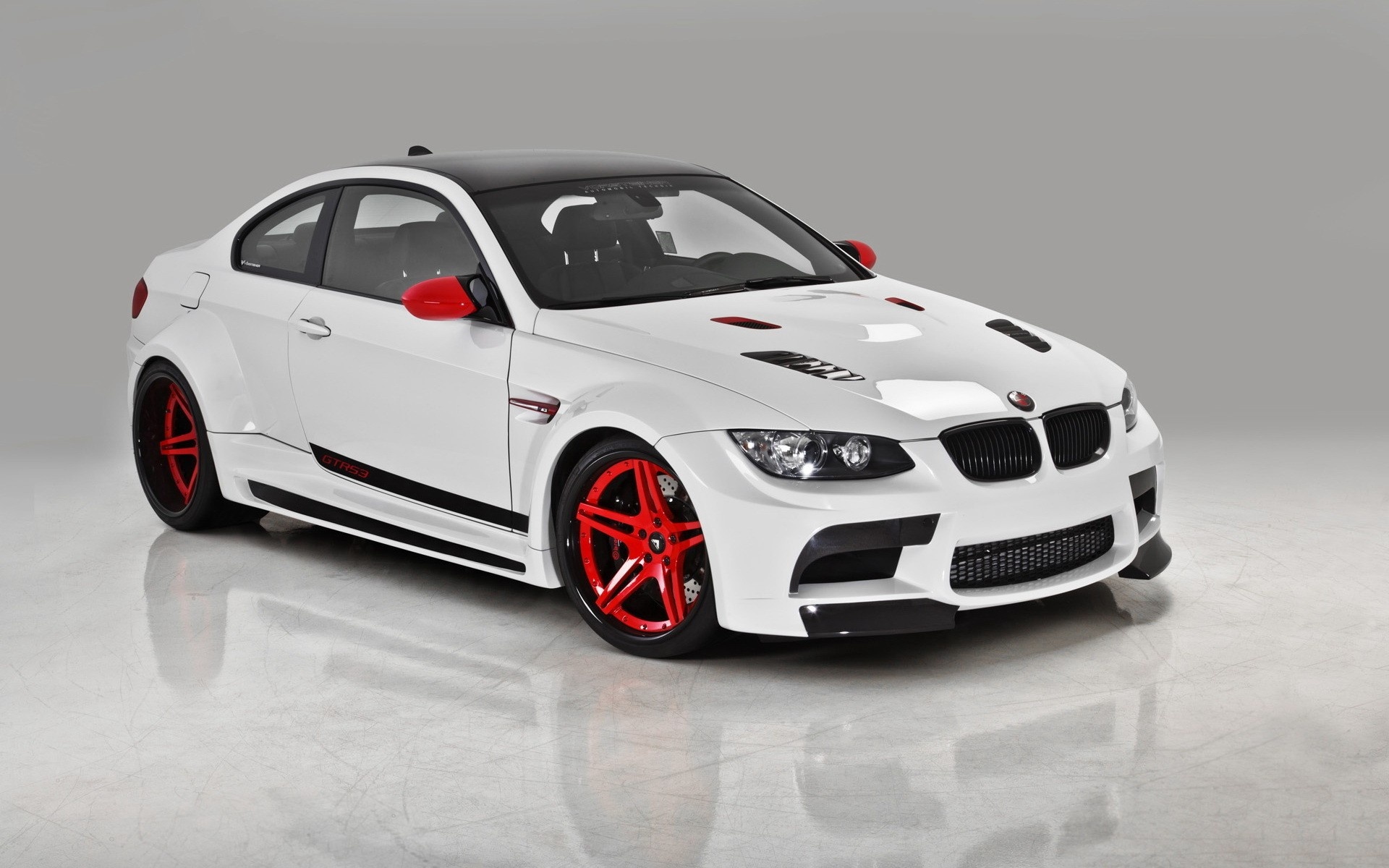 Vorsteiner BMW M3 GTRS3, red custom alloy wheels, reflective automotive studio floor, HD Desktop wallpaper