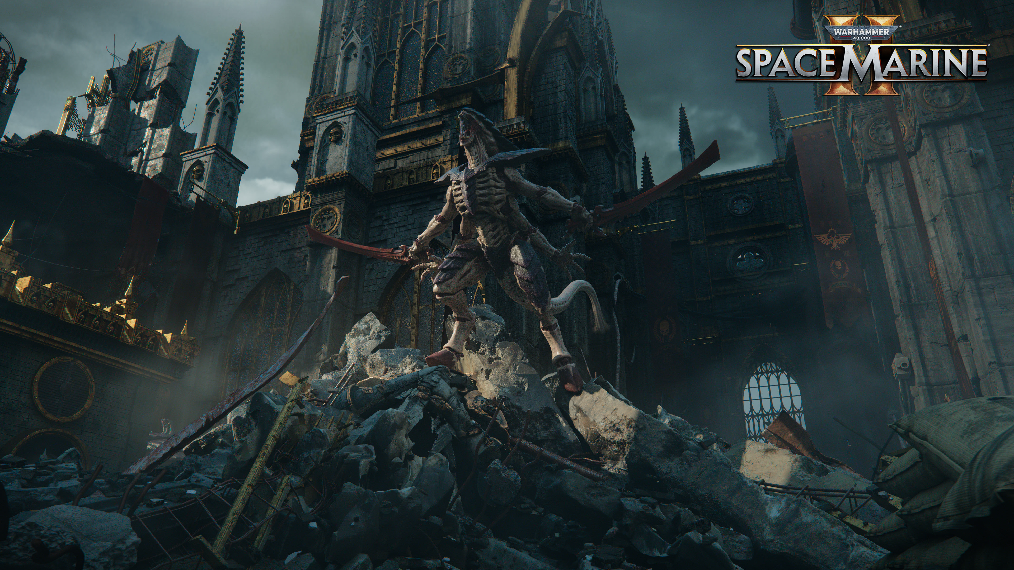 Tyranid Warrior with boneswords, Warhammer 40,000: Space Marine II logo, Gothic Imperial cathedral ruins, 4K Desktop wallpaper