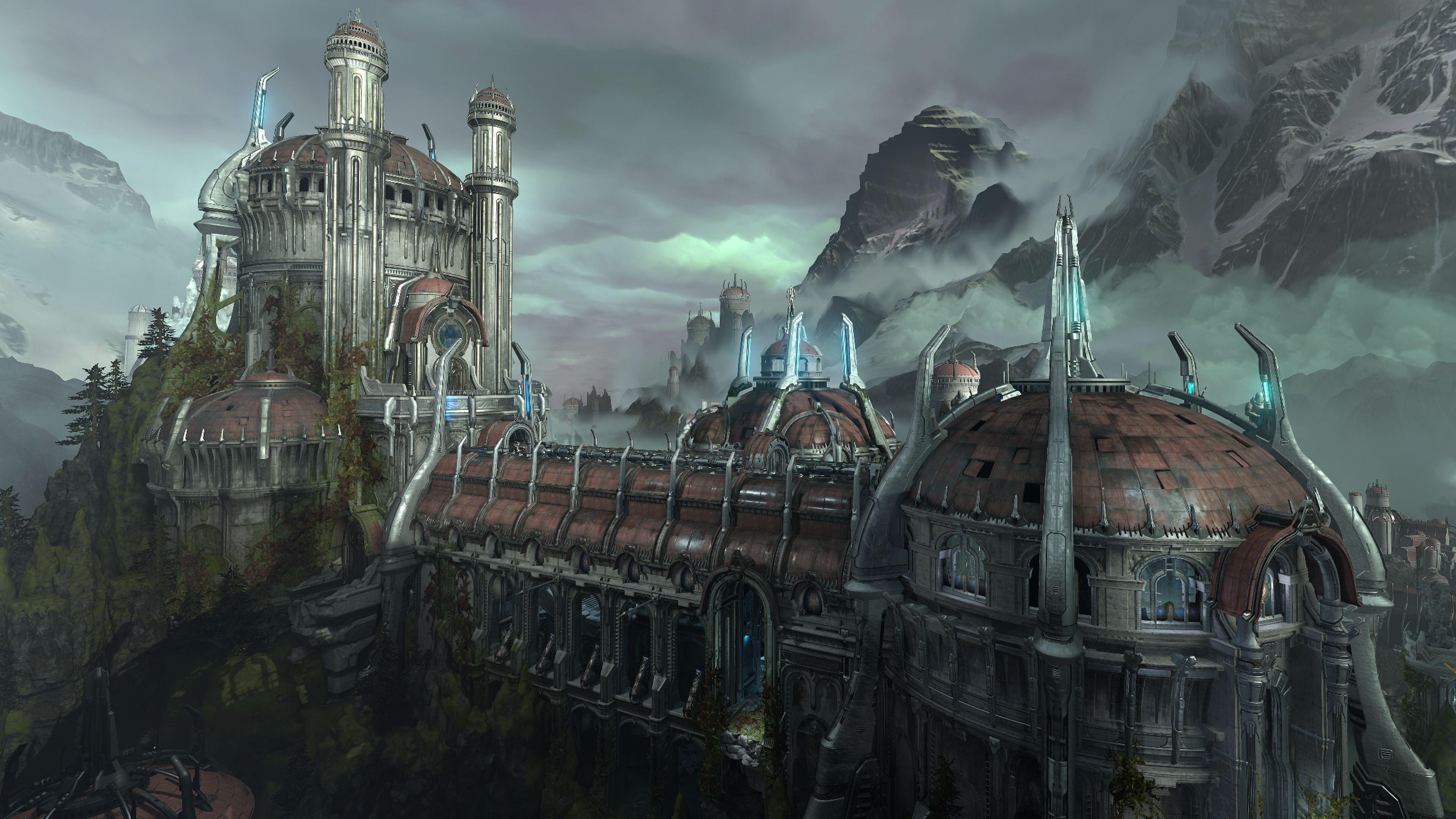 Doom Eternal Sentinel fortress, Snowcapped mountain peaks, Gothic sci-fi bridge architecture, 4K Desktop wallpaper