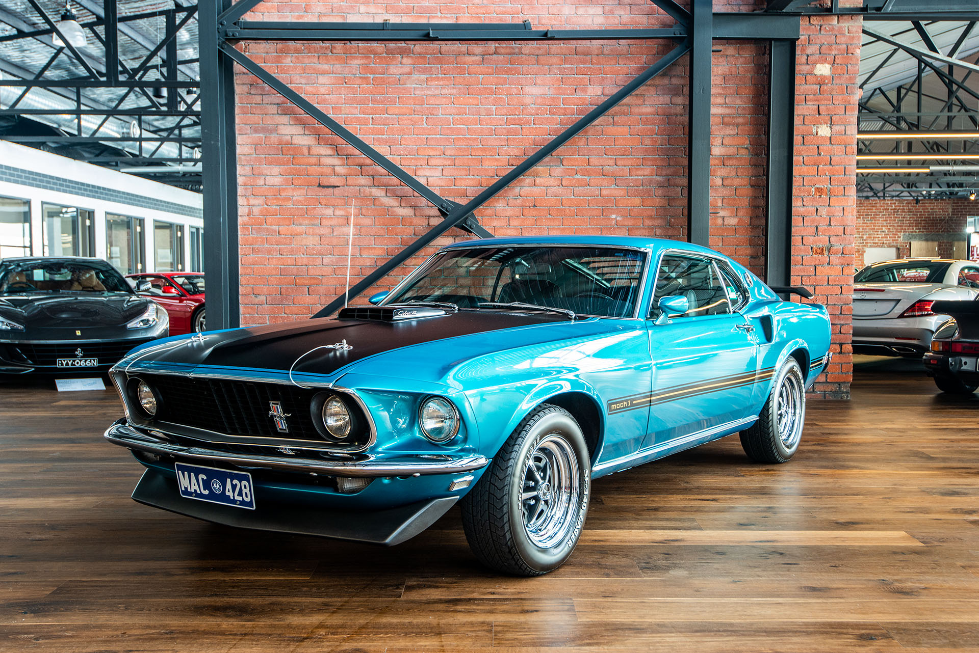 1969 Ford Mustang Mach 1, Classic car showroom, Exposed brick wall, HD Desktop wallpaper