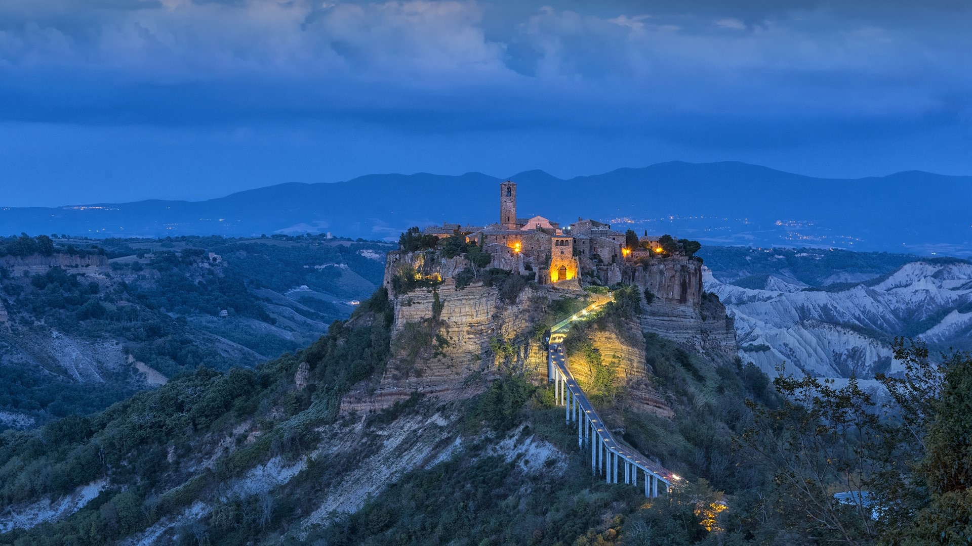 Lazio, Civita di Bagnoregio, Blue hour, Windows 10 spotlight, 1920x1080 Full HD Desktop