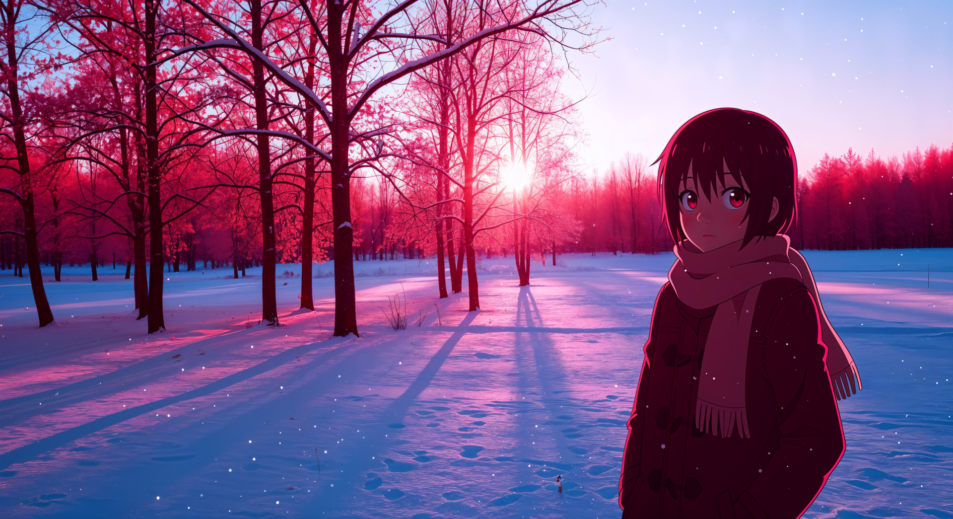 Anime girl in a red scarf, Pink winter forest, Long shadows on snow, Low sun through bare trees, HD Desktop wallpaper