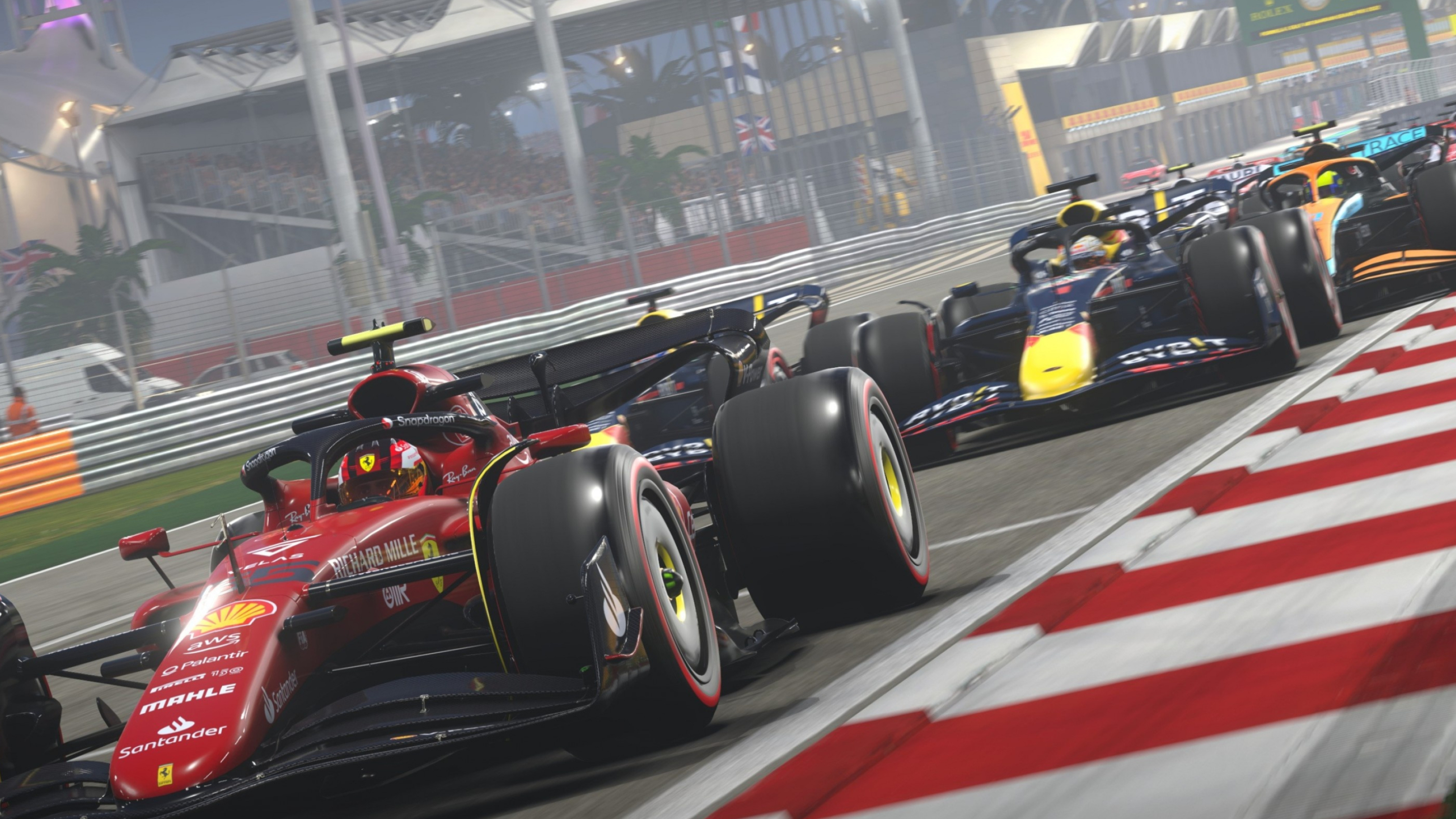 Ferrari F1-75, Red Bull Racing RB18, Red and white kerb, F1 22, 4K Desktop wallpaper