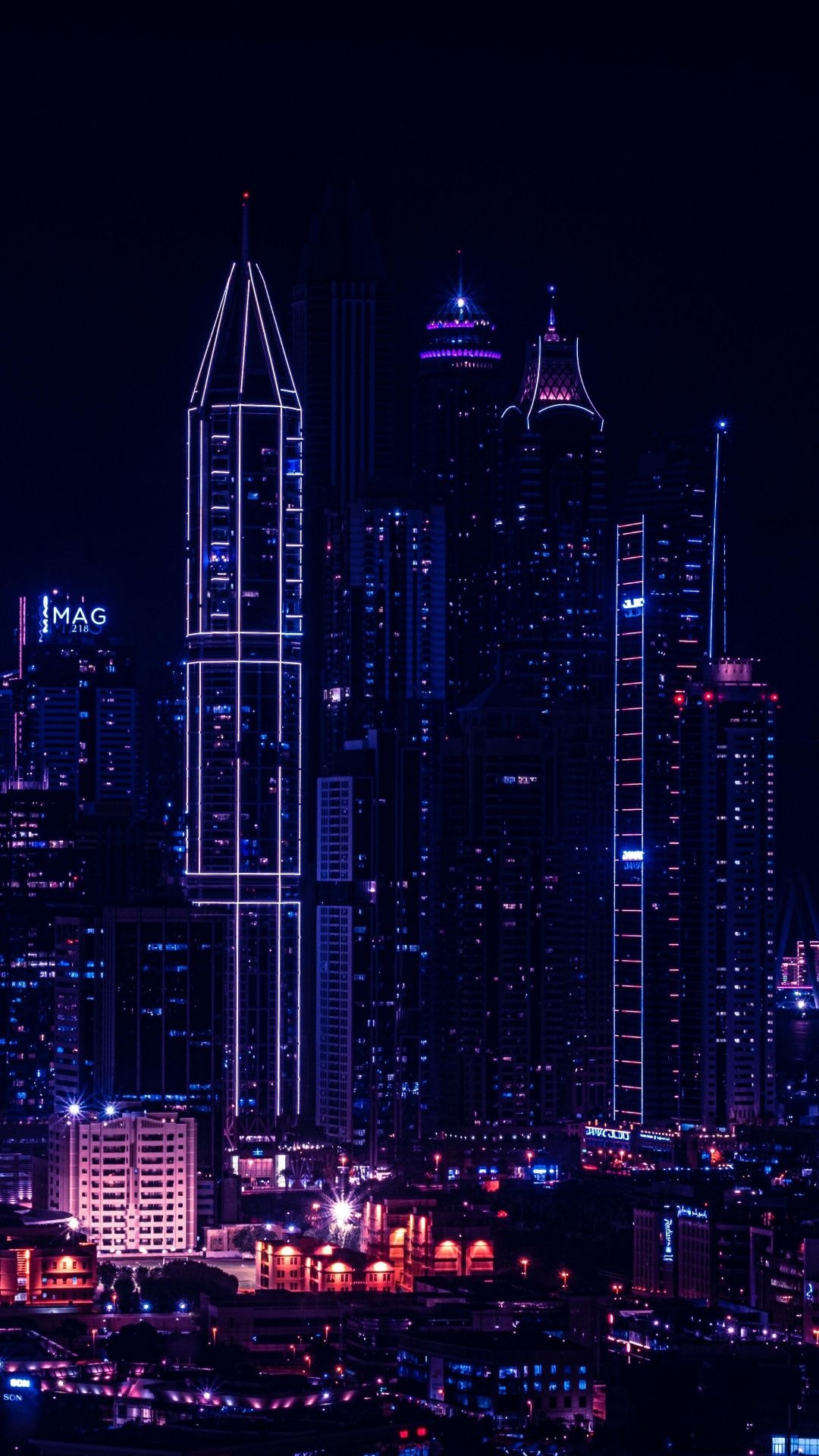 Dubai Marina skyline, MAG 218 Tower, illuminated night skyscrapers, Full HD Phone wallpaper