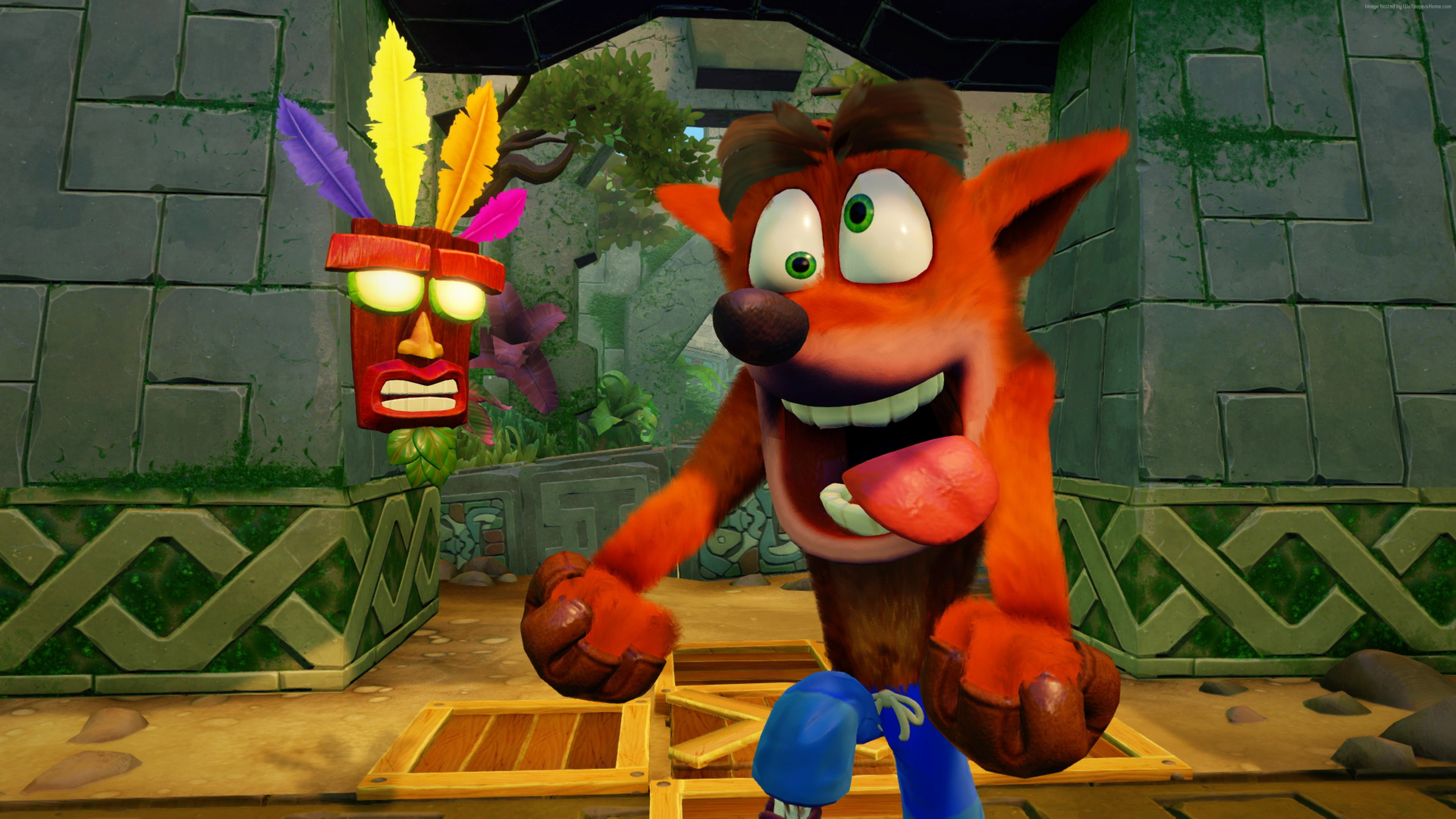 Crash Bandicoot, Aku Aku mask, Ancient stone temple ruins, 4K Desktop wallpaper