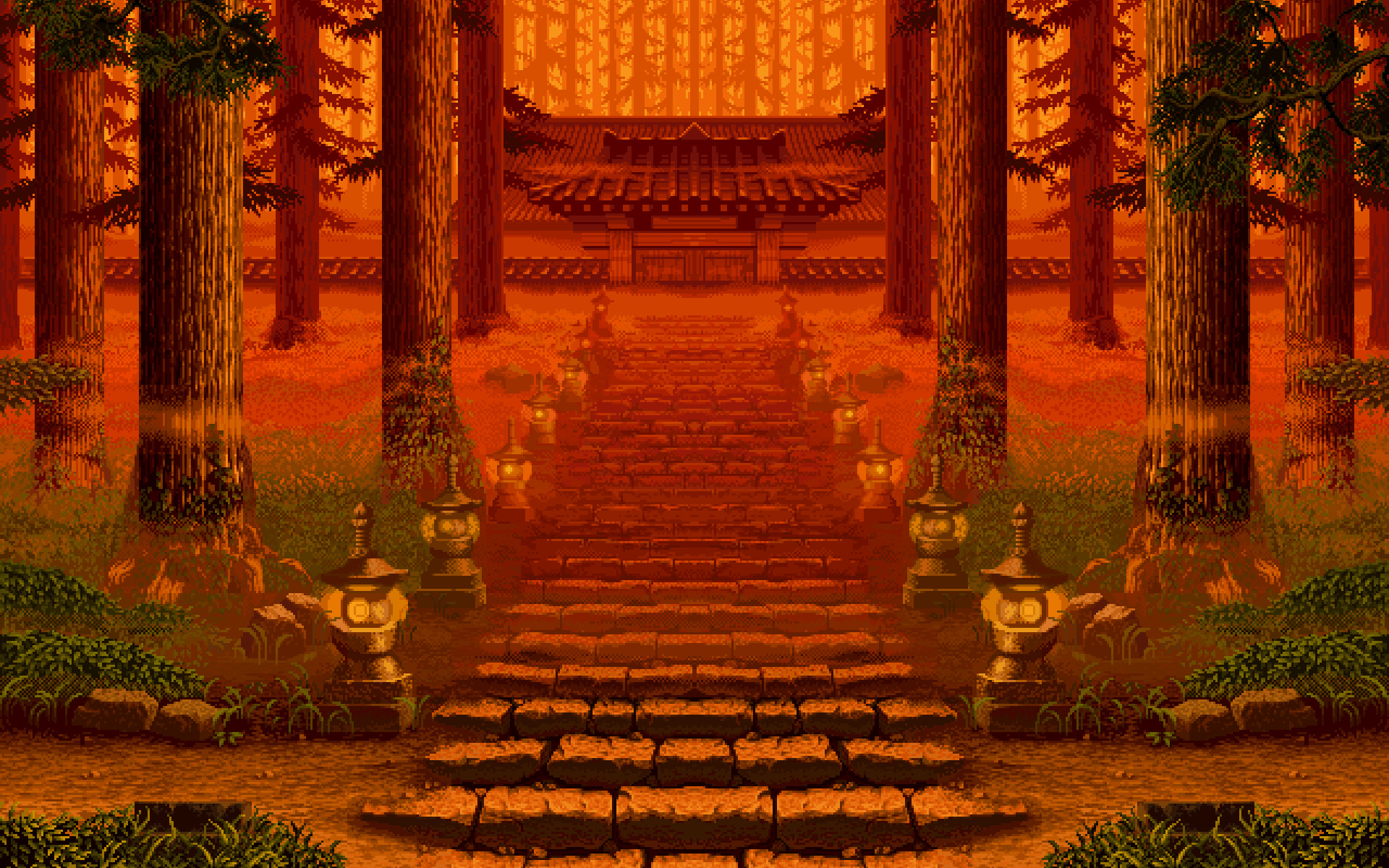 pixel art Japanese temple, stone toro lanterns, autumn forest stone staircase, HD Desktop wallpaper