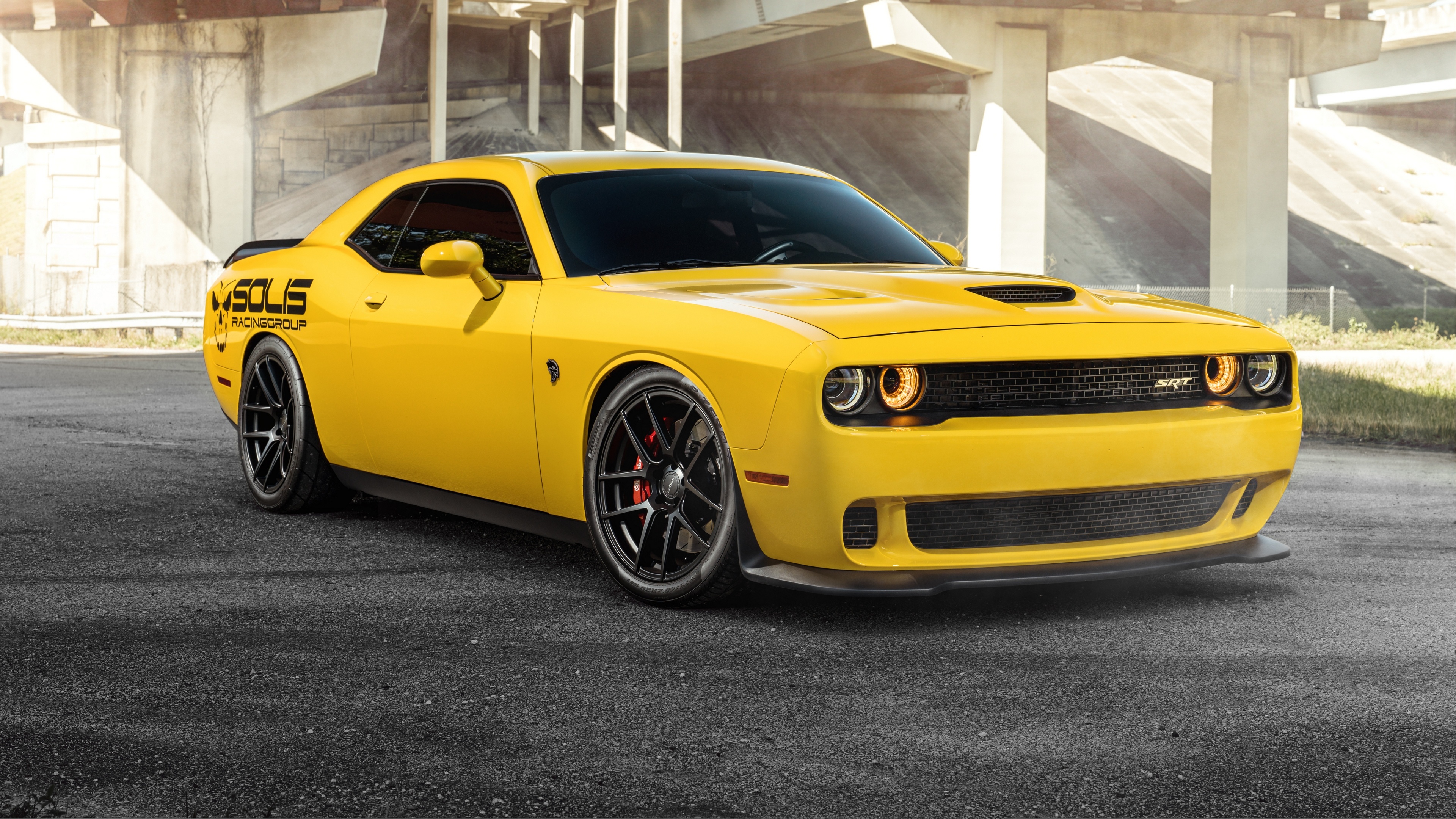 Dodge Challenger SRT Hellcat, Solis Racing Group decal, concrete overpass pillars, 4K Desktop wallpaper