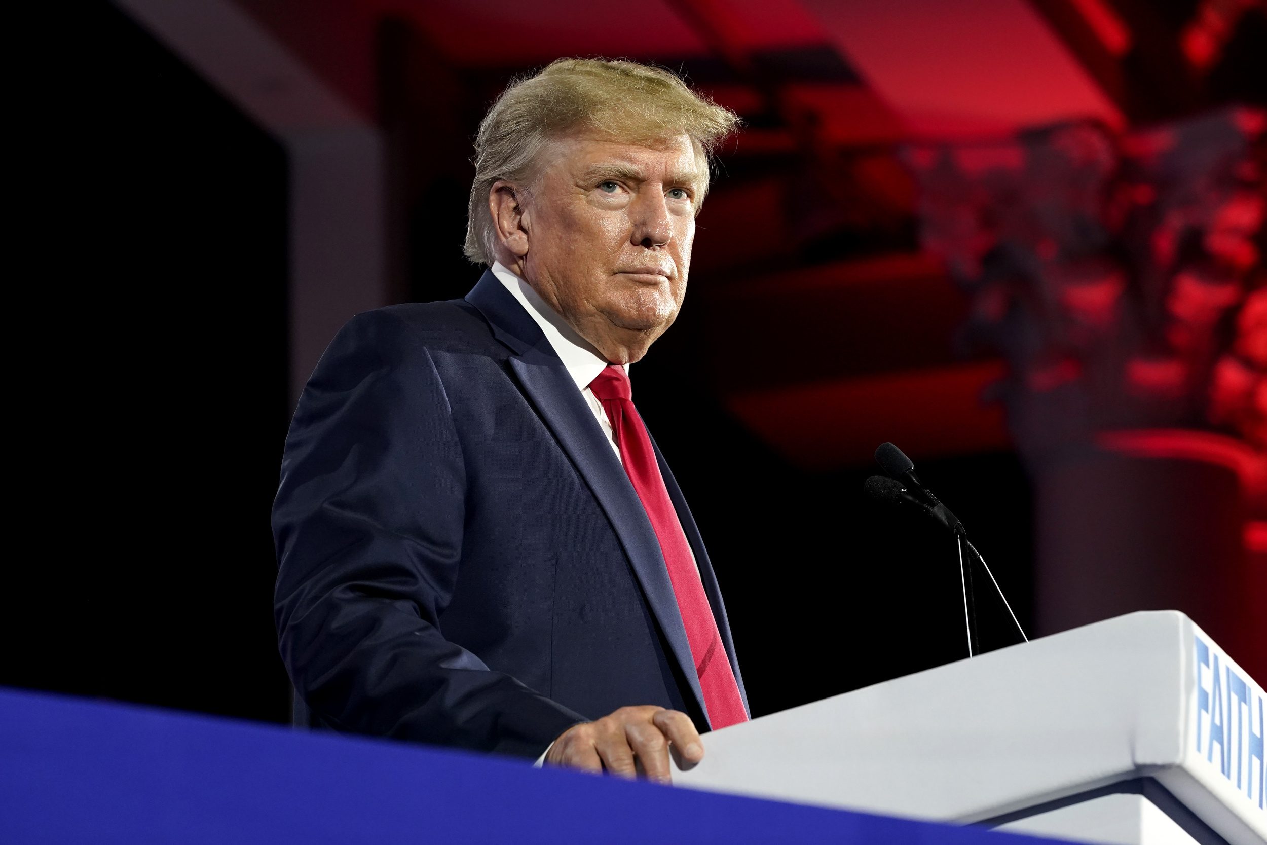 Donald Trump, podium with microphones, blue suit red tie, HD Desktop wallpaper