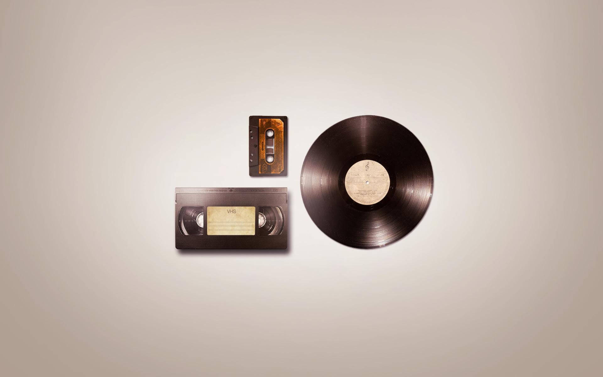 Vinyl LP record, VHS cassette tape, Audio cassette tape, HD Desktop wallpaper