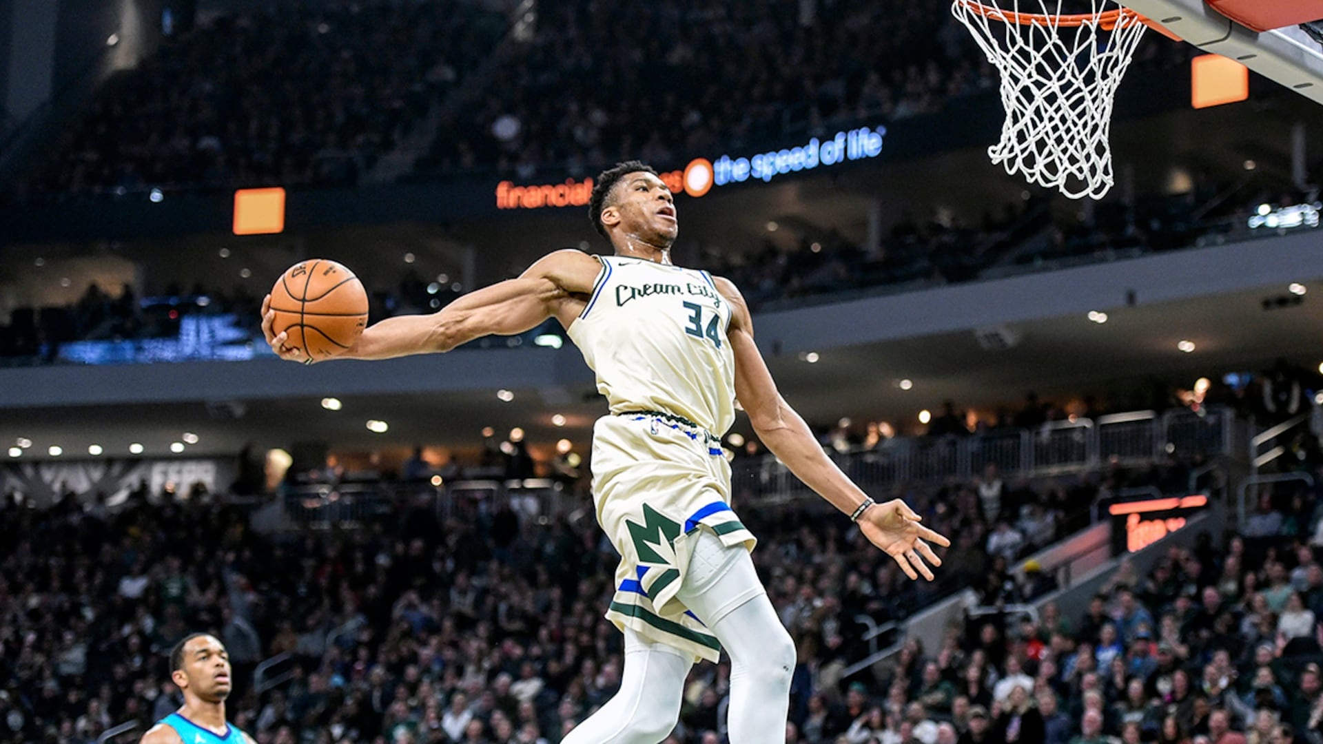 Giannis Antetokounmpo, Milwaukee Bucks jersey, Mid-air slam dunk, Full HD Desktop wallpaper