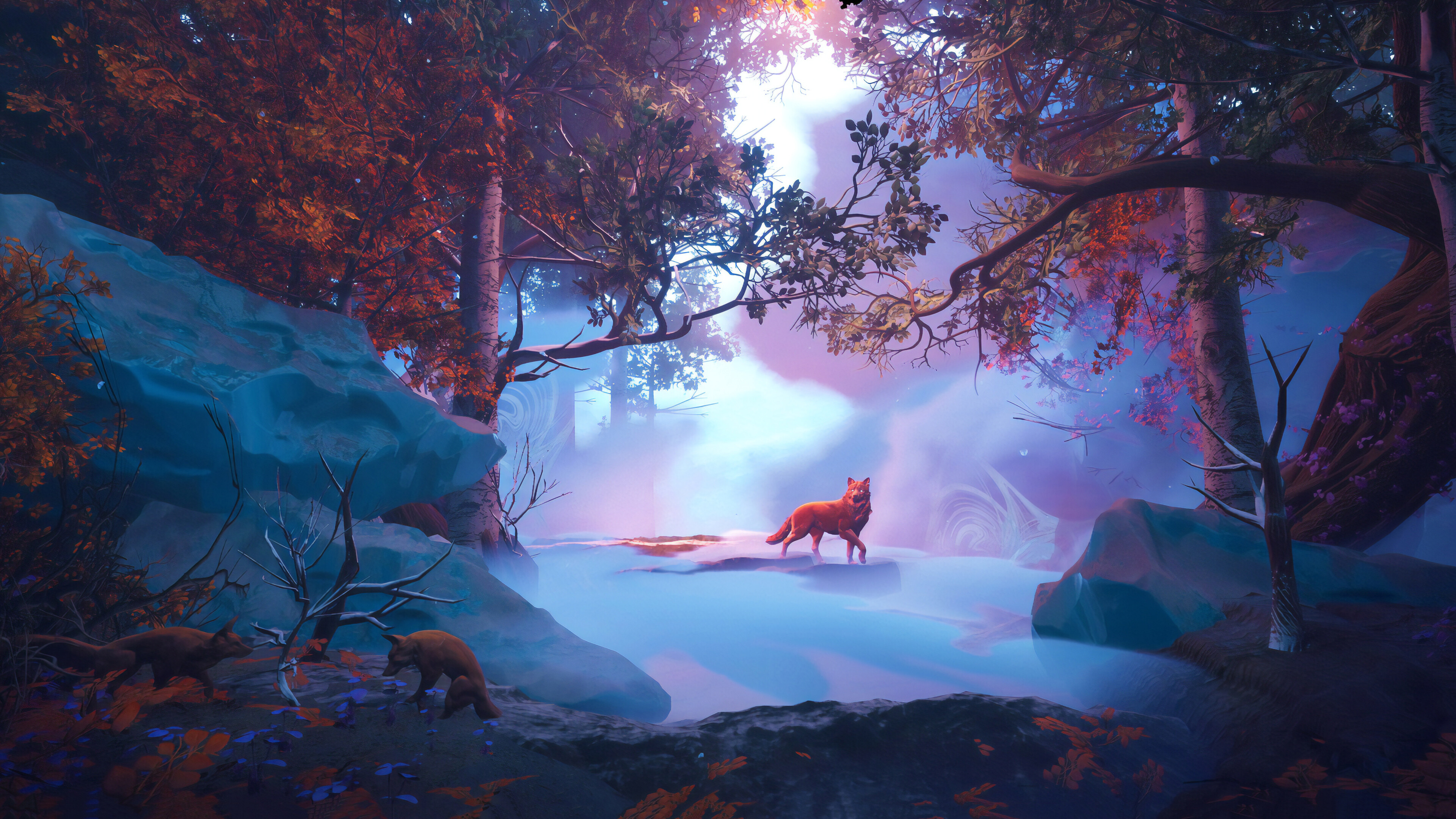 1920x1200 wolf in red magical woods, Enchanting forest, Mystical encounter, Vibrant colors, 3840x2160 4K Desktop