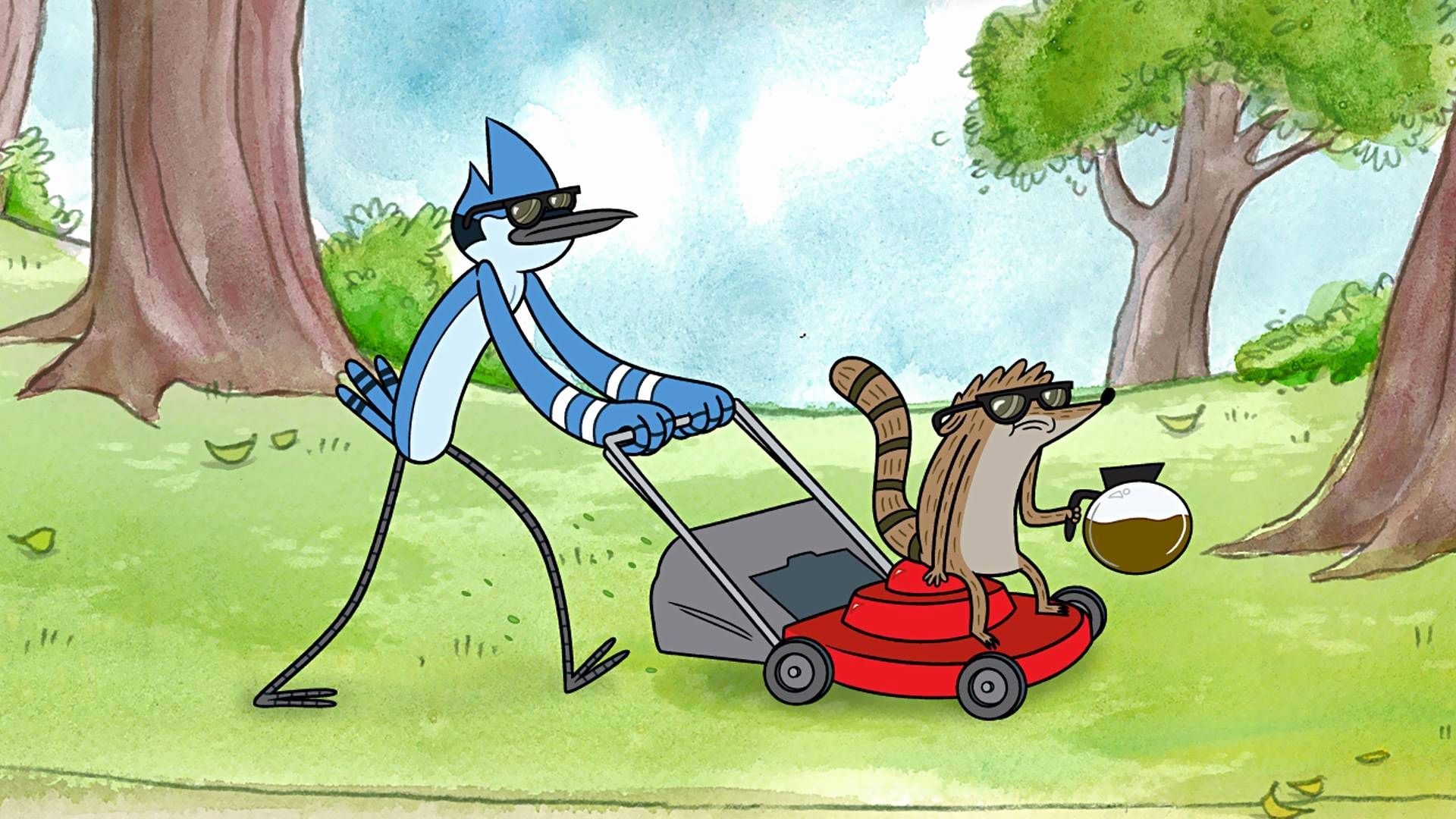Mordecai pushing red lawn mower, Rigby holding coffee pot, Sunglasses on both characters, Regular Show, Full HD Desktop wallpaper