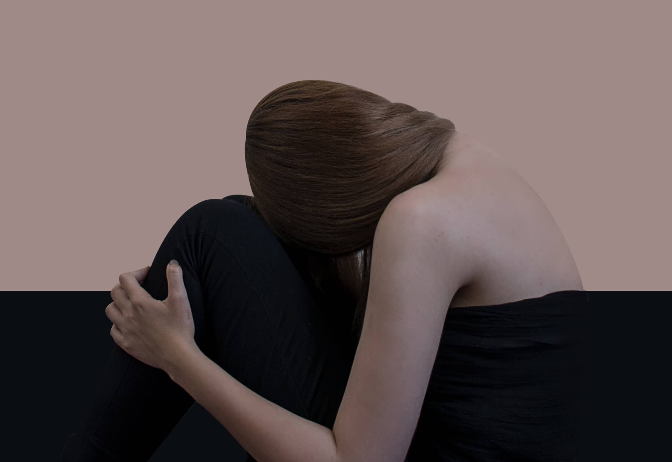 Woman hugging knees, Long straight brown hair, Two-tone minimalist backdrop, HD Desktop wallpaper