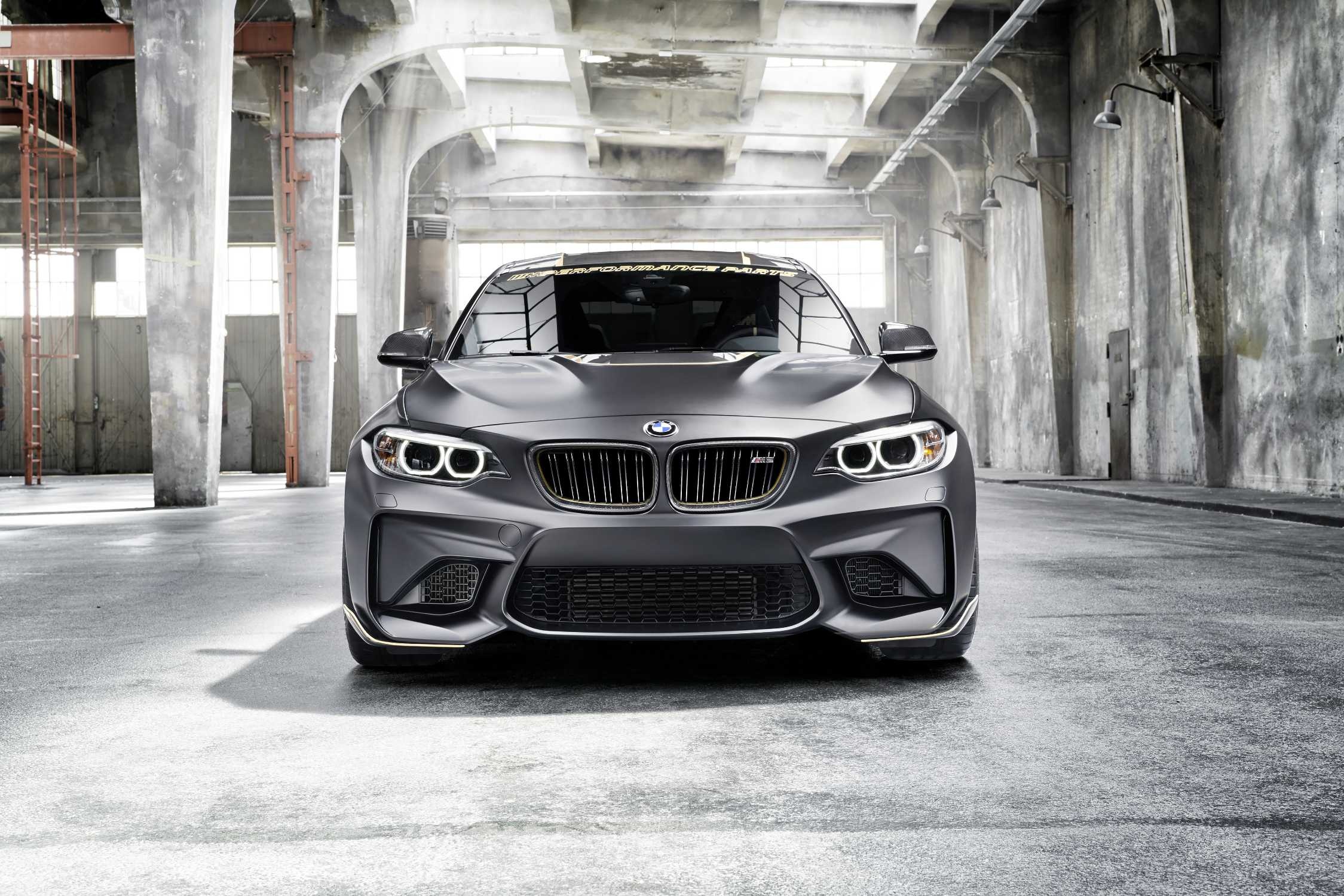 BMW M2 M Performance Parts Concept, Industrial concrete warehouse, Frozen Black matte finish, HD Desktop wallpaper