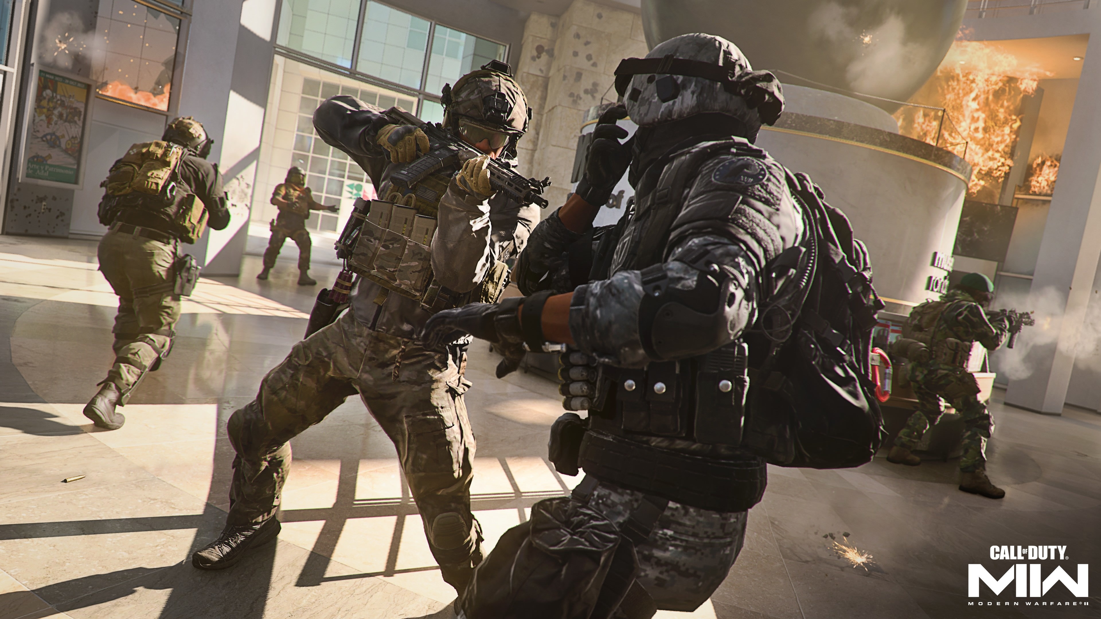 Call of Duty: Modern Warfare II, Tactical special forces operators, Indoor firefight combat scene, 4K Desktop wallpaper