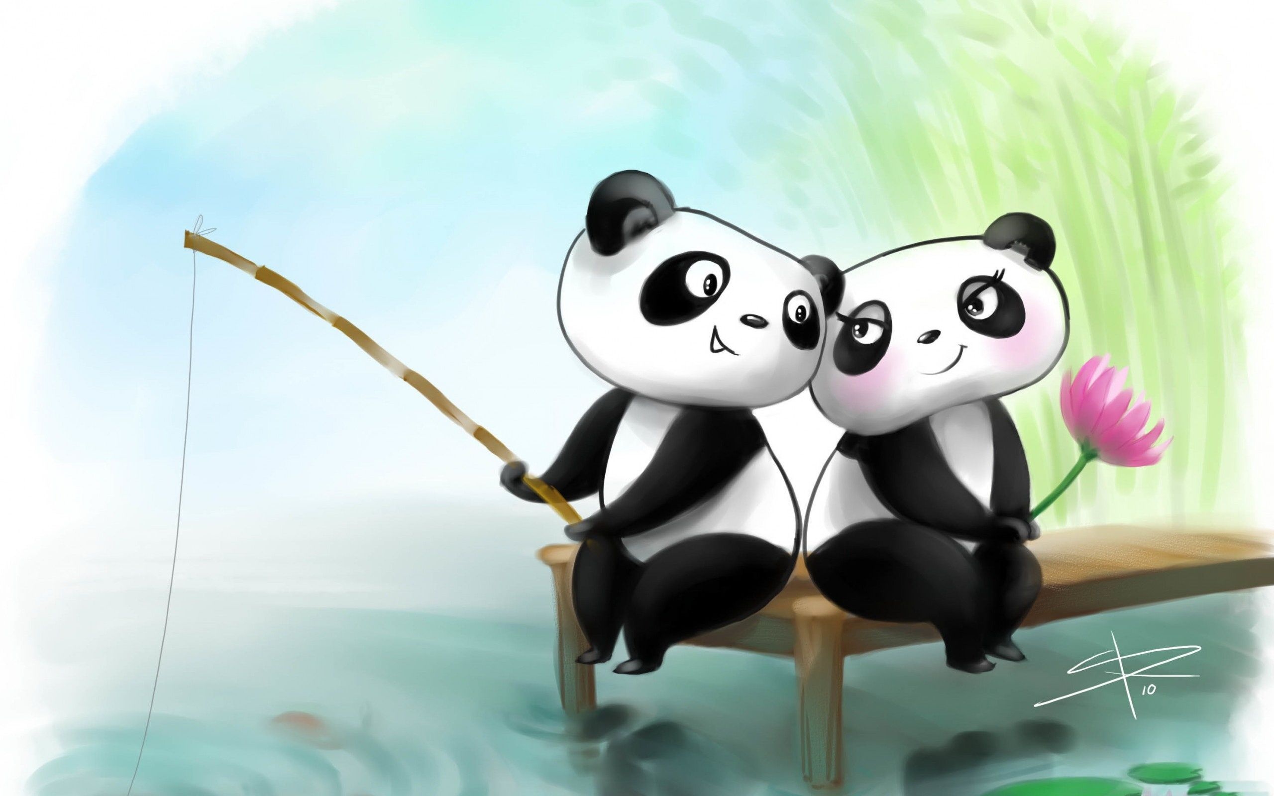 Cartoon panda couple, Bamboo fishing rod, Wooden dock over water, HD Desktop wallpaper
