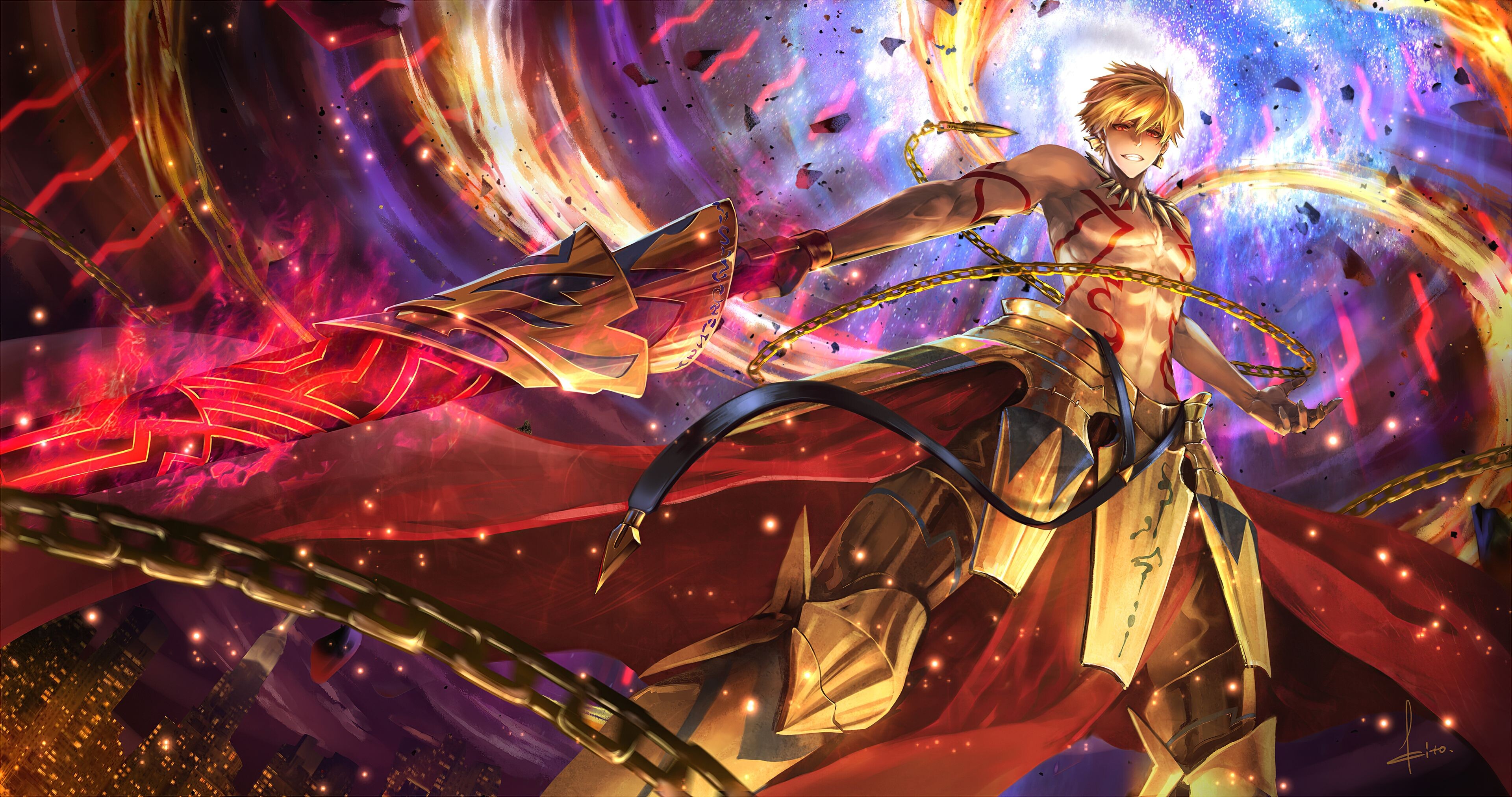 Gilgamesh, Epic battle, Fate series, Fate/Stay Night, 3840x2030 HD Desktop