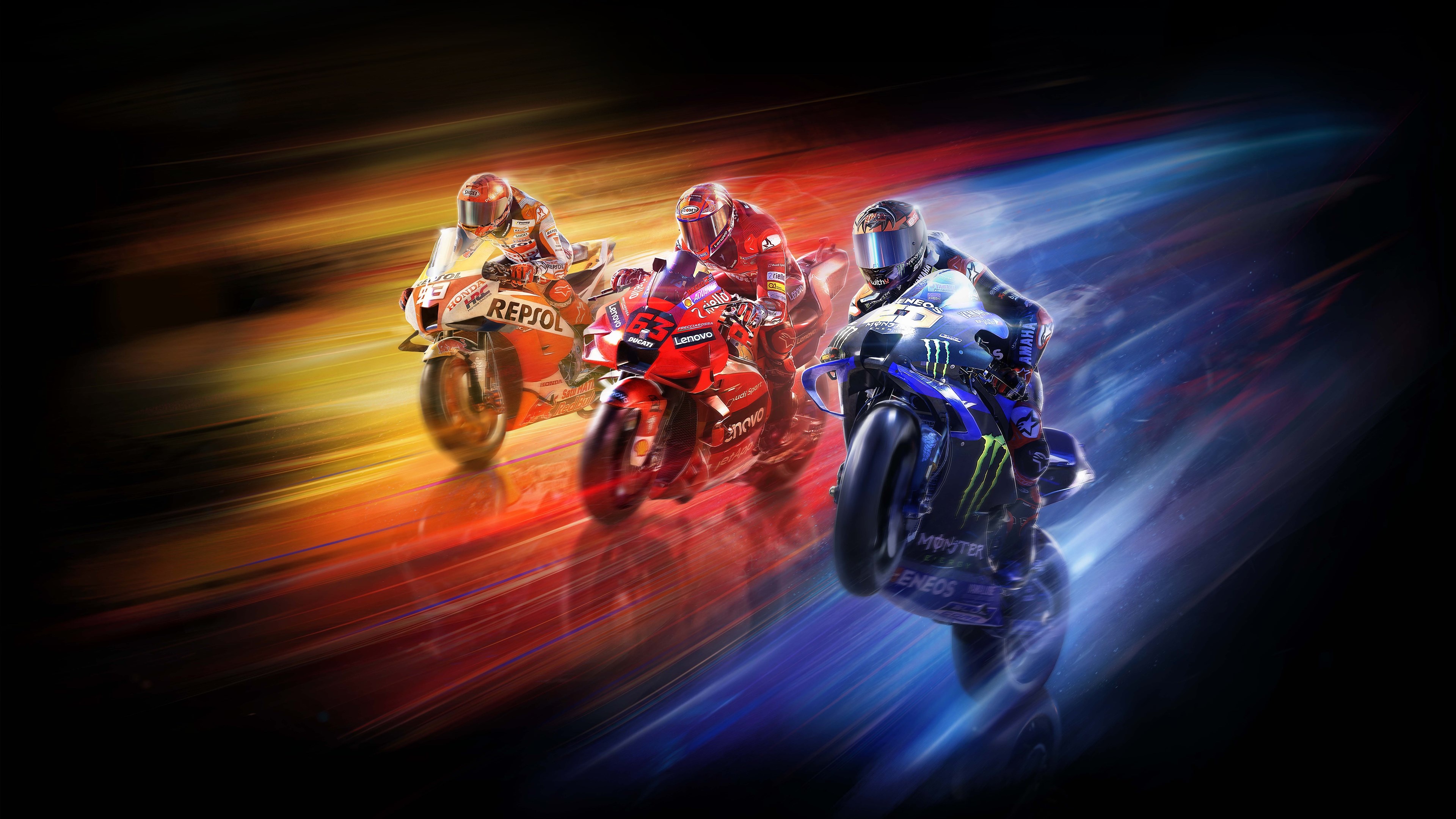 MotoGP 22 key art, Fabio Quartararo Yamaha YZR-M1, Francesco Bagnaia Ducati Desmosedici, Marc Marquez Repsol Honda, 4K Desktop wallpaper