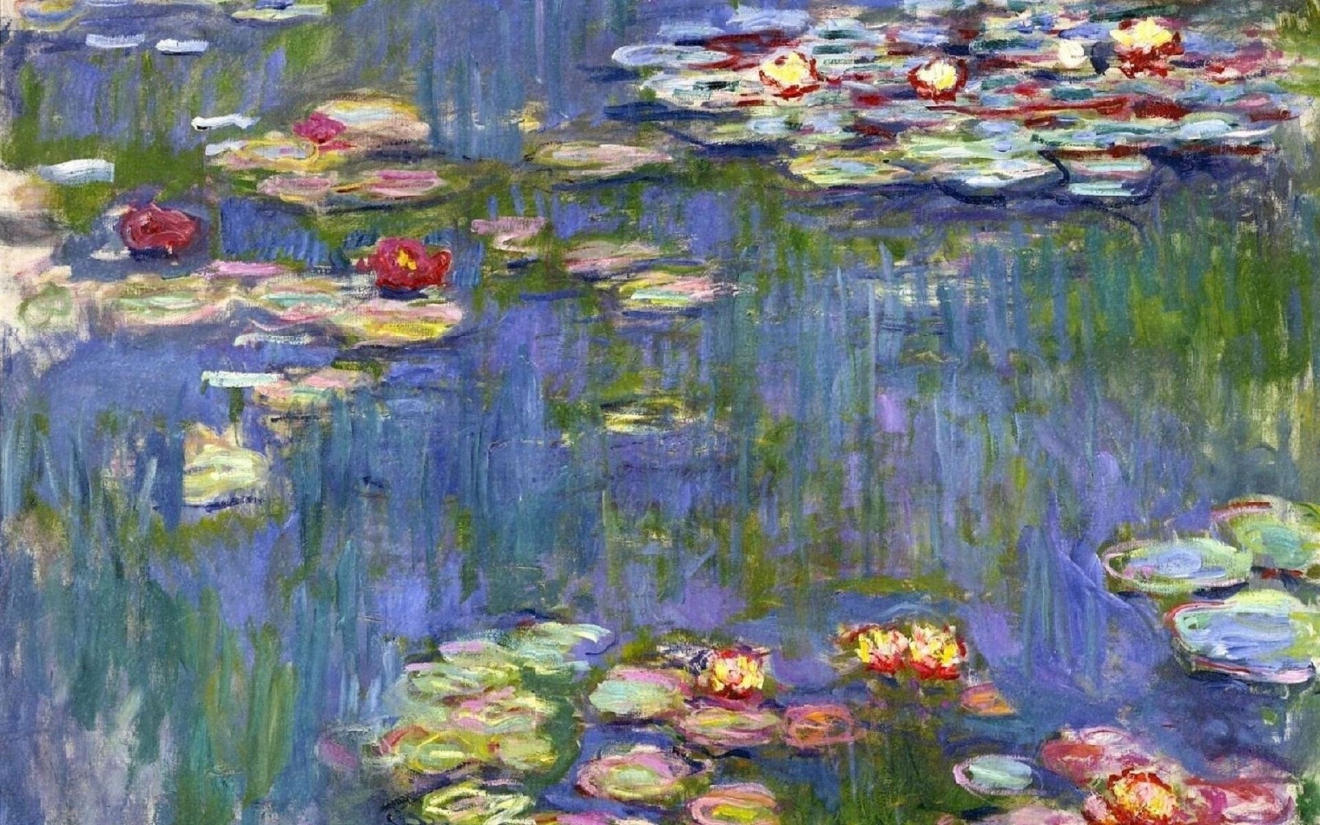 Claude Monet Water Lilies, floating water lily pads, impressionist pond reflections, HD Desktop wallpaper