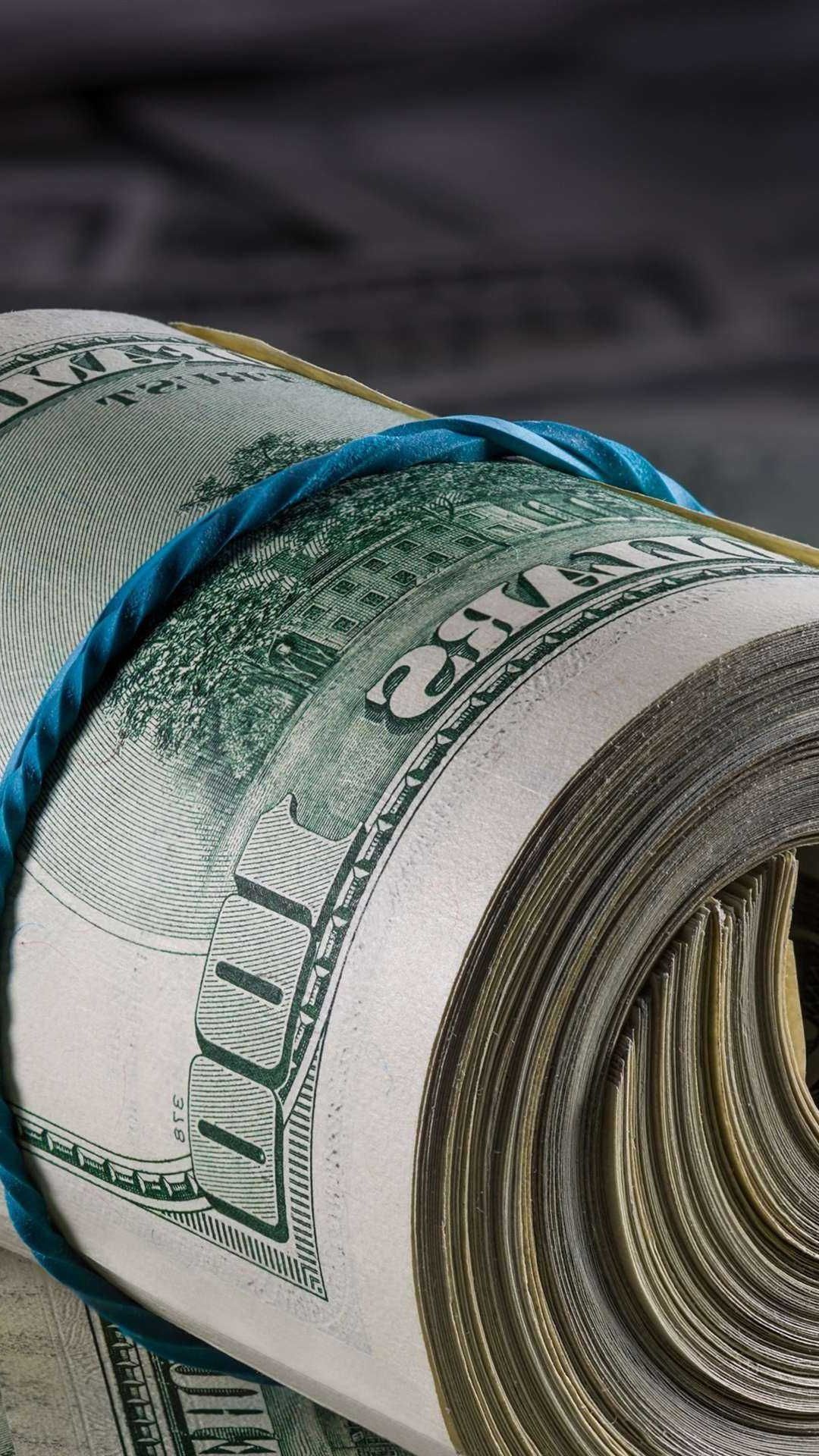 United States hundred-dollar bill, Independence Hall engraving, Blue rubber band, Full HD Phone wallpaper