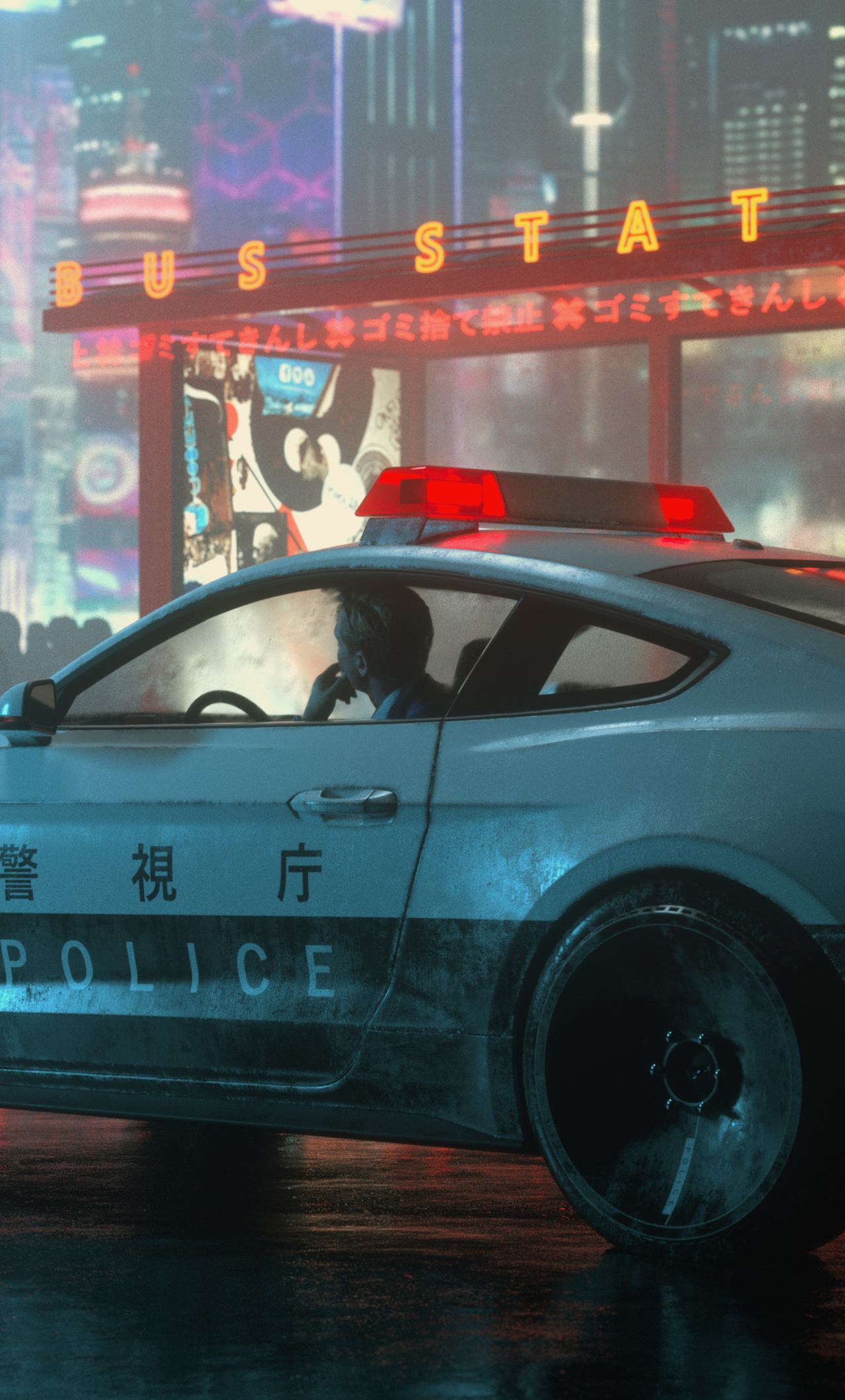 Tokyo Metropolitan Police cruiser, Patrol officer inside car, Neon illuminated bus station, HD Phone wallpaper