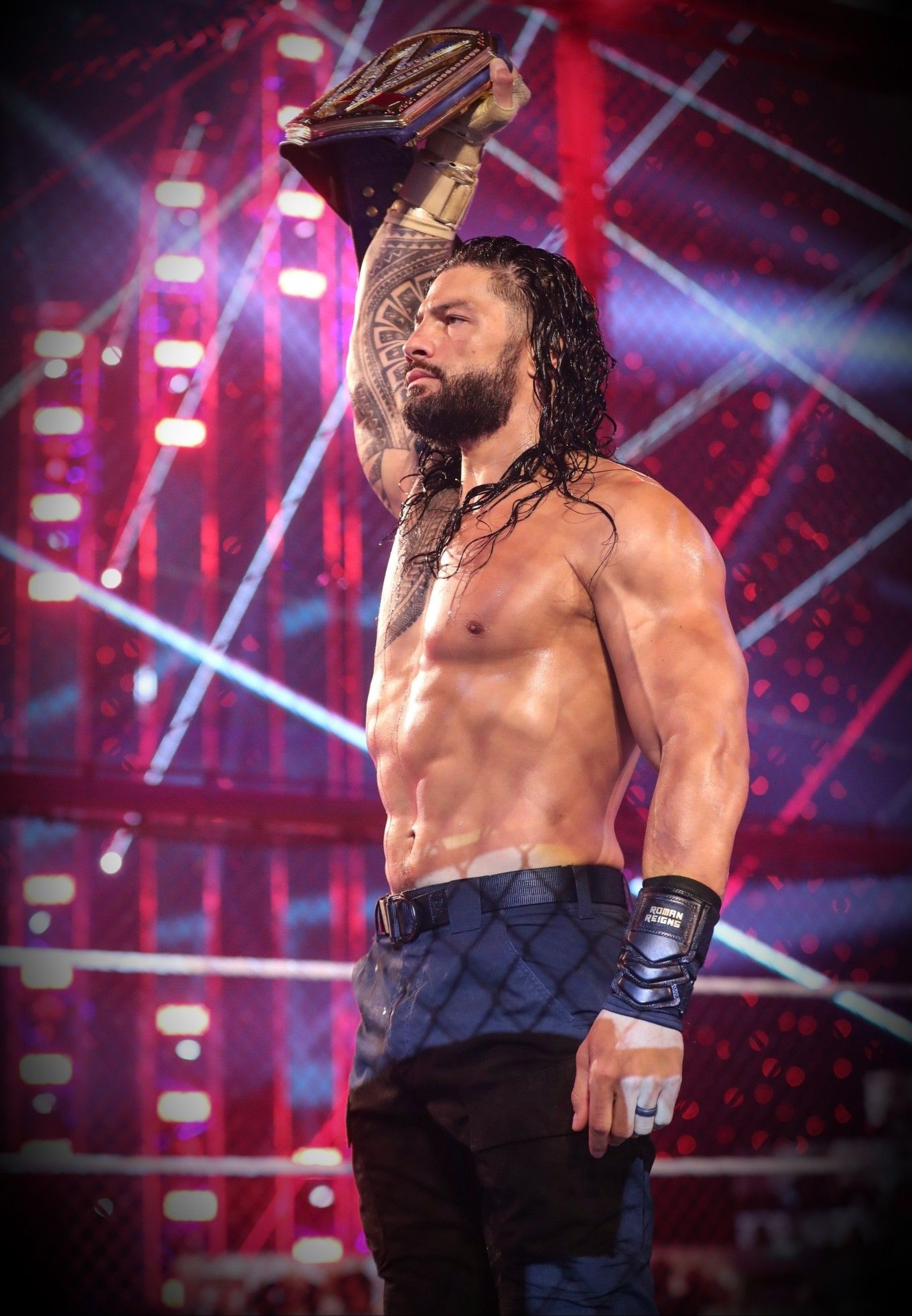 Roman Reigns, WWE Universal Championship belt, red Hell in a Cell cage, HD Phone wallpaper