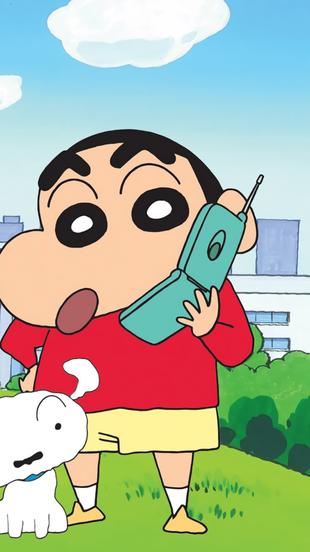 Shinnosuke Nohara, Shiro the dog, teal flip phone, Full HD Phone wallpaper