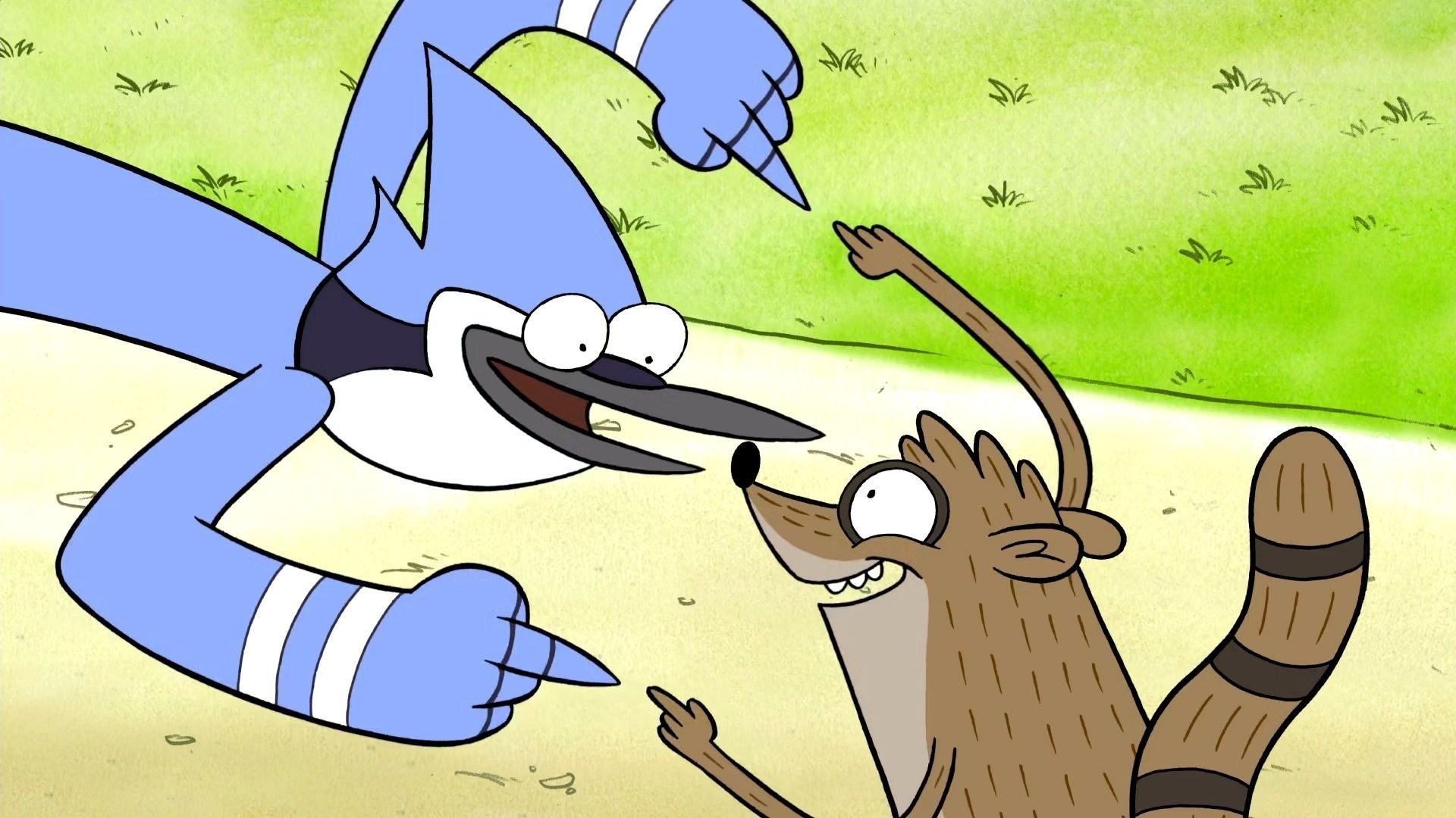 Mordecai laughing close-up, Rigby with raised arms, Park path and grass, Regular Show, Full HD Desktop wallpaper