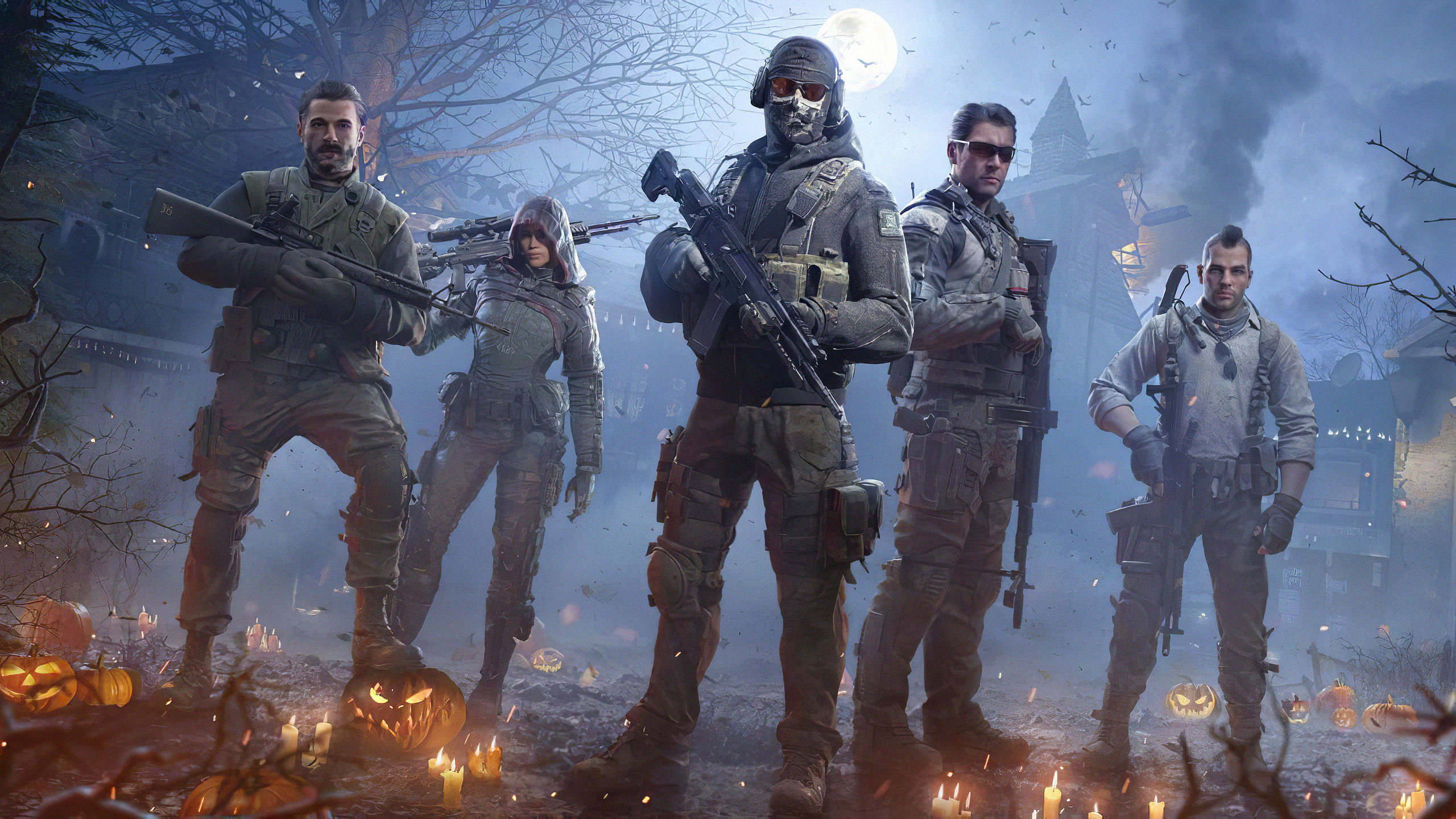 Simon Ghost Riley, Frank Woods, Alex Mason, John Soap MacTavish, carved Halloween jack-o-lanterns, HD Desktop wallpaper