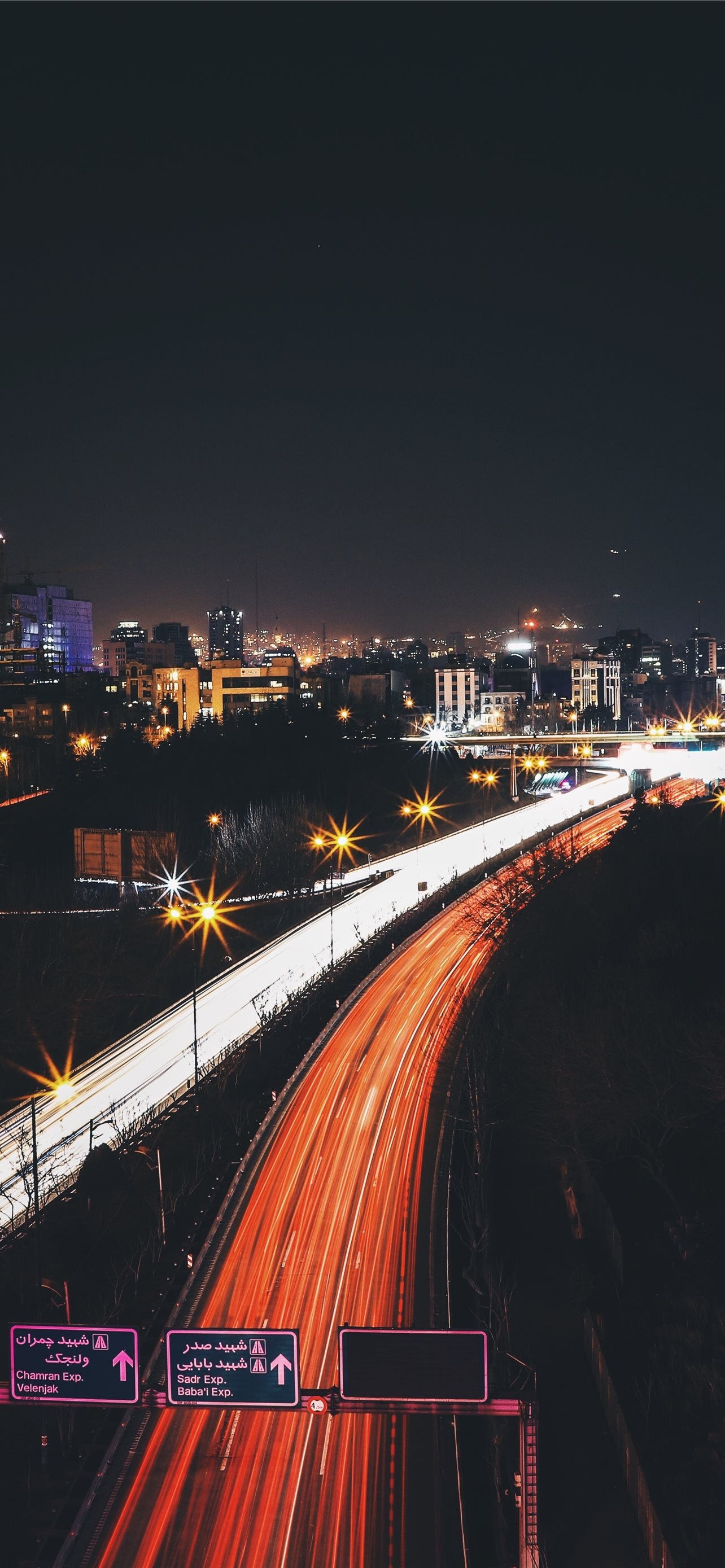 Chamran Exp Velenjak sign, Tehran night cityscape, highway traffic light trails, HD Phone wallpaper