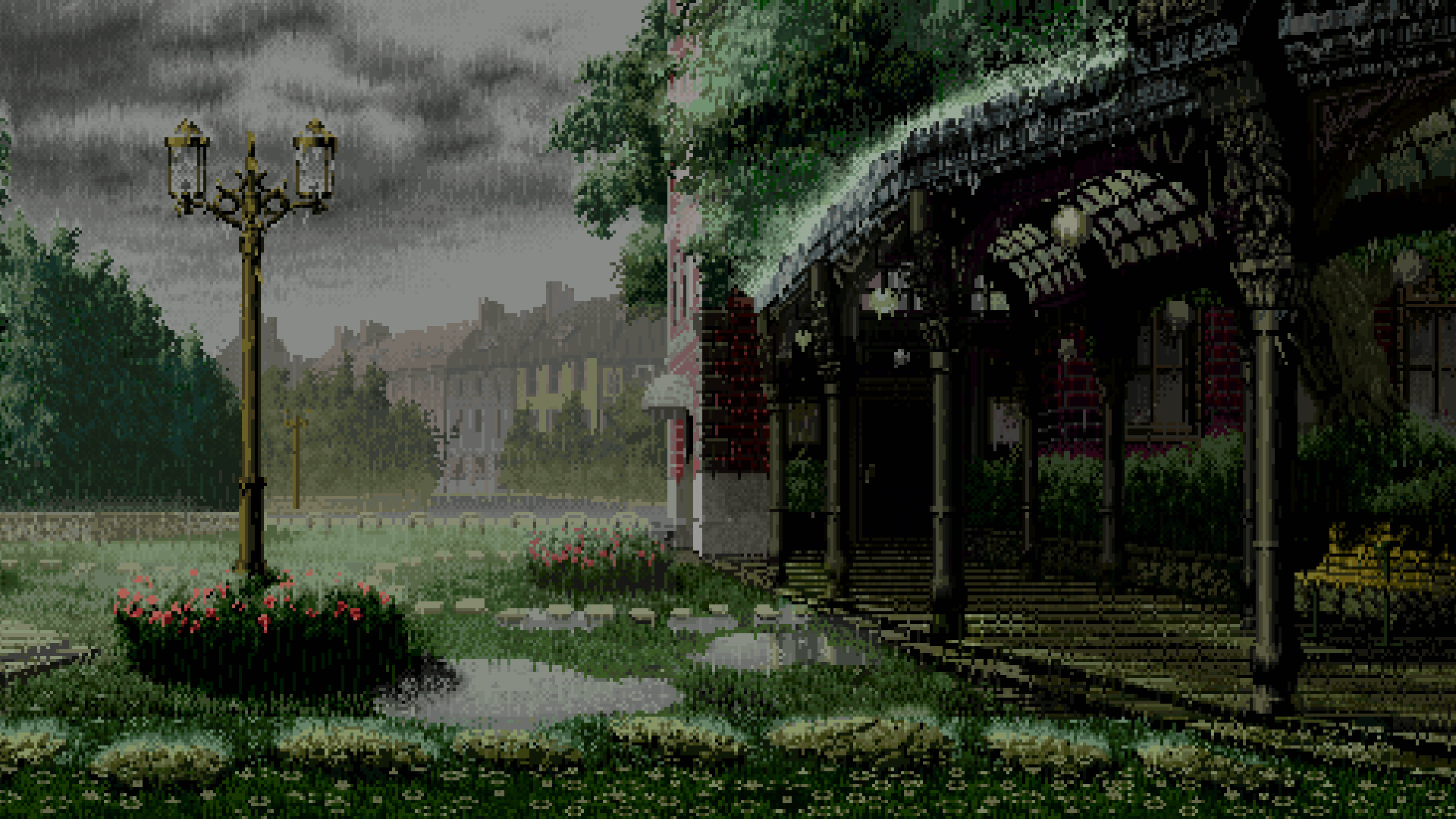 ornate Victorian veranda, vintage twin lantern lamppost, rainy courtyard with puddles, Full HD Desktop wallpaper