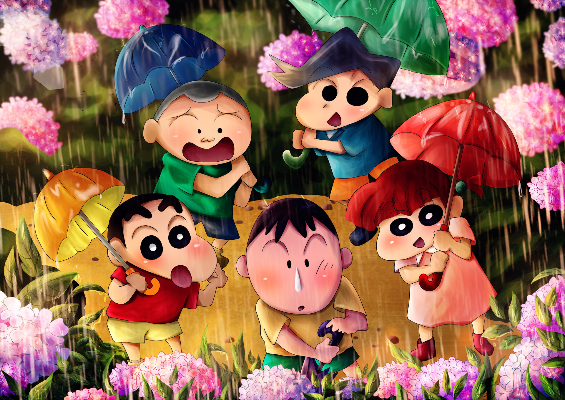 Shinnosuke Nohara, Kasukabe Defense Force, blooming hydrangea flowers, umbrellas in the rain, HD Desktop wallpaper